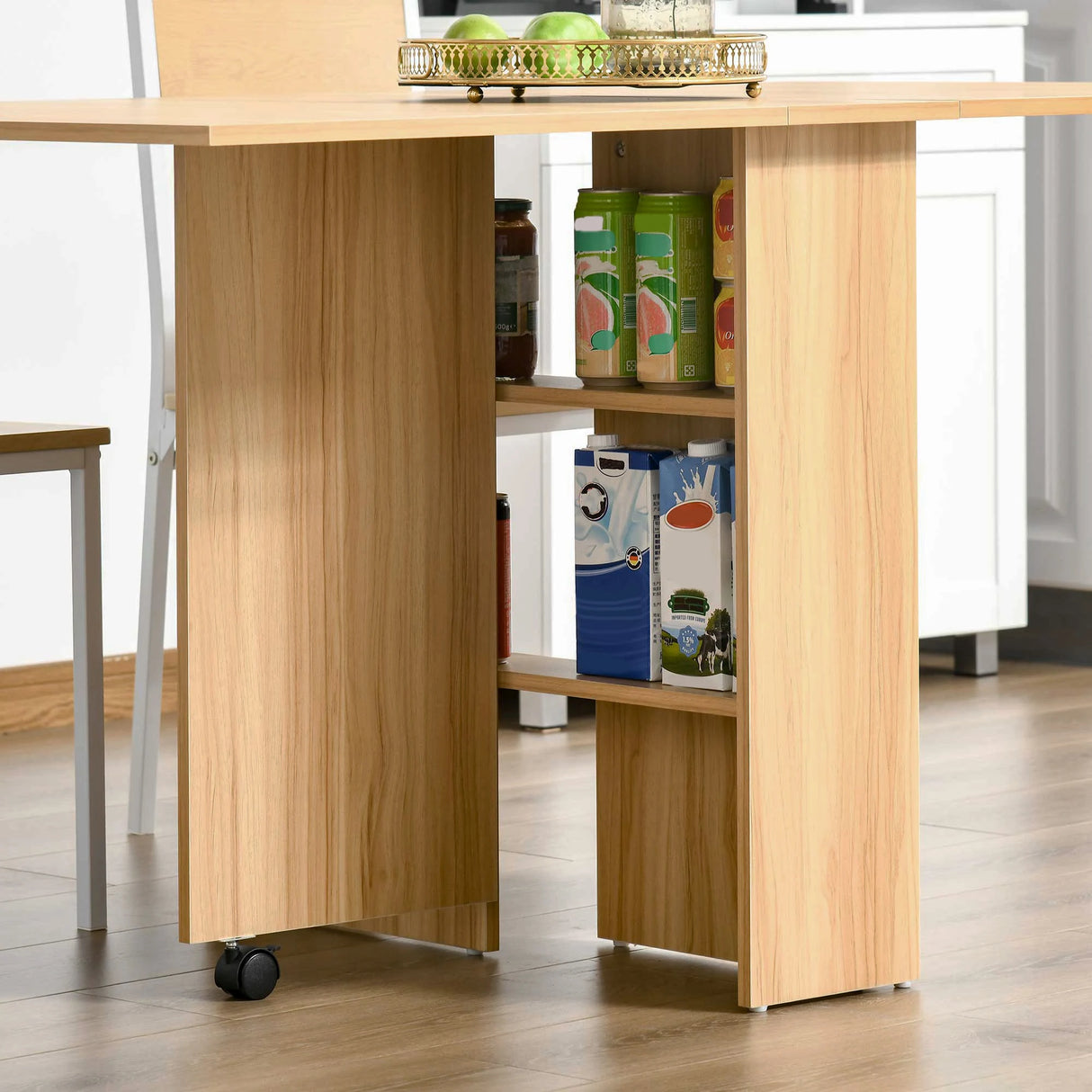 HOMCOM Folding Dining Table, Drop Leaf Table for Small Spaces, Foldable Rectangular Tabletop with Storage Shelves for Kitchen, Dining Room, Teak