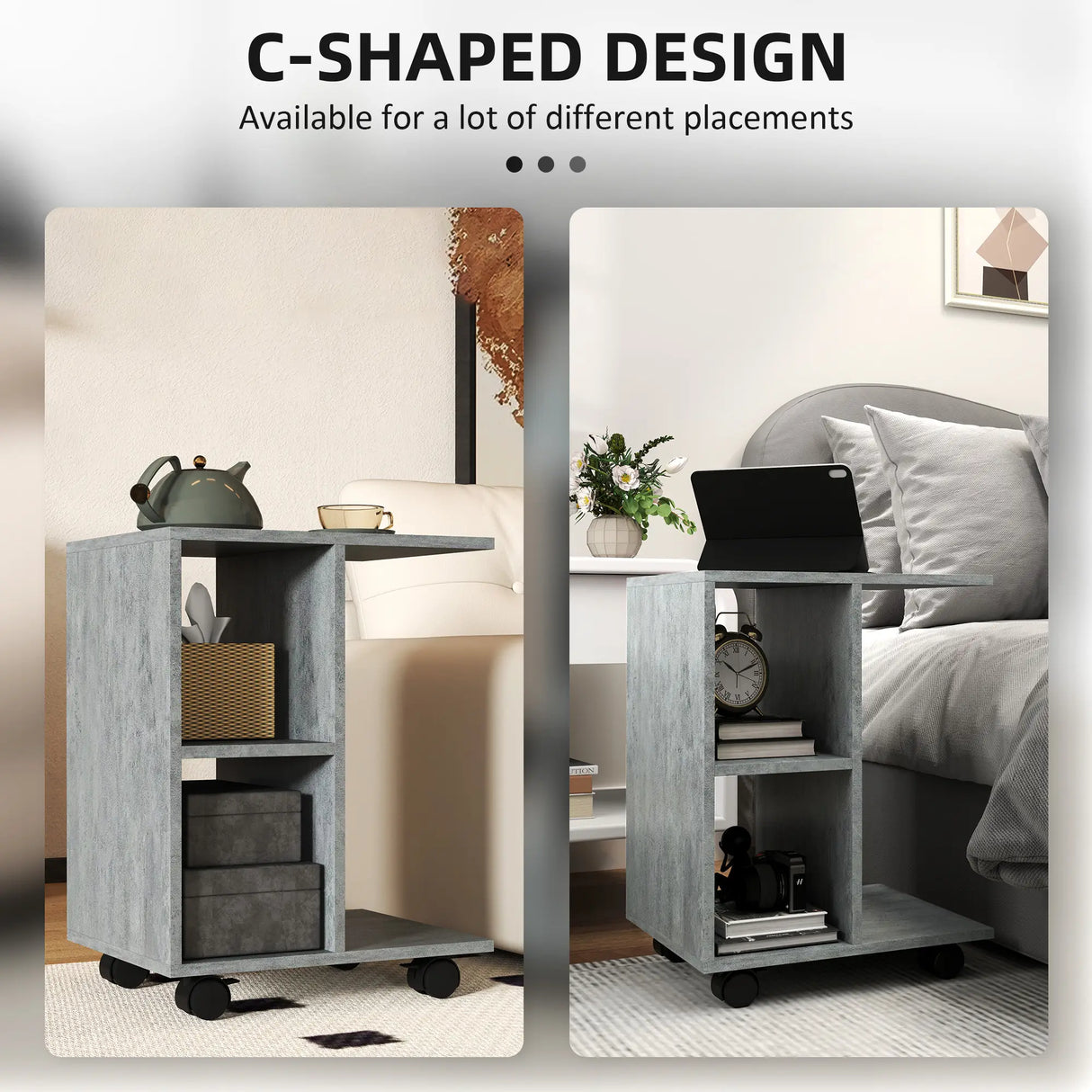 HOMCOM C-Shape End Table Unique Storage Unit w/ 2 Shelves 4 Wheels Freestanding Home Office Furniture Cabinet Square Studio Grey