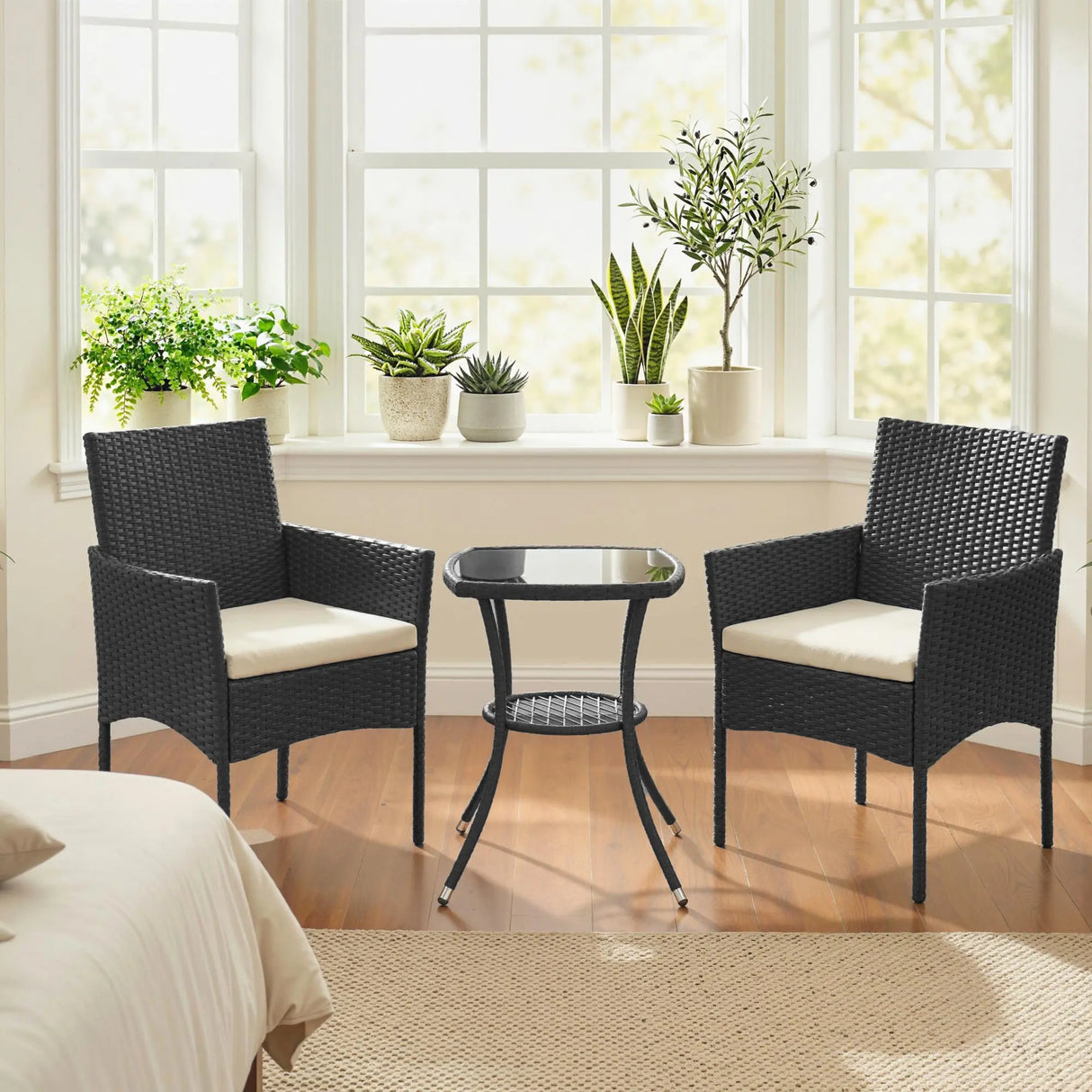 Outsunny 3 Piece Rattan Bistro Set, PE Wicker Garden Furniture Conversation Set with 2 Tier Glass-Top Table, Chairs, Cream White