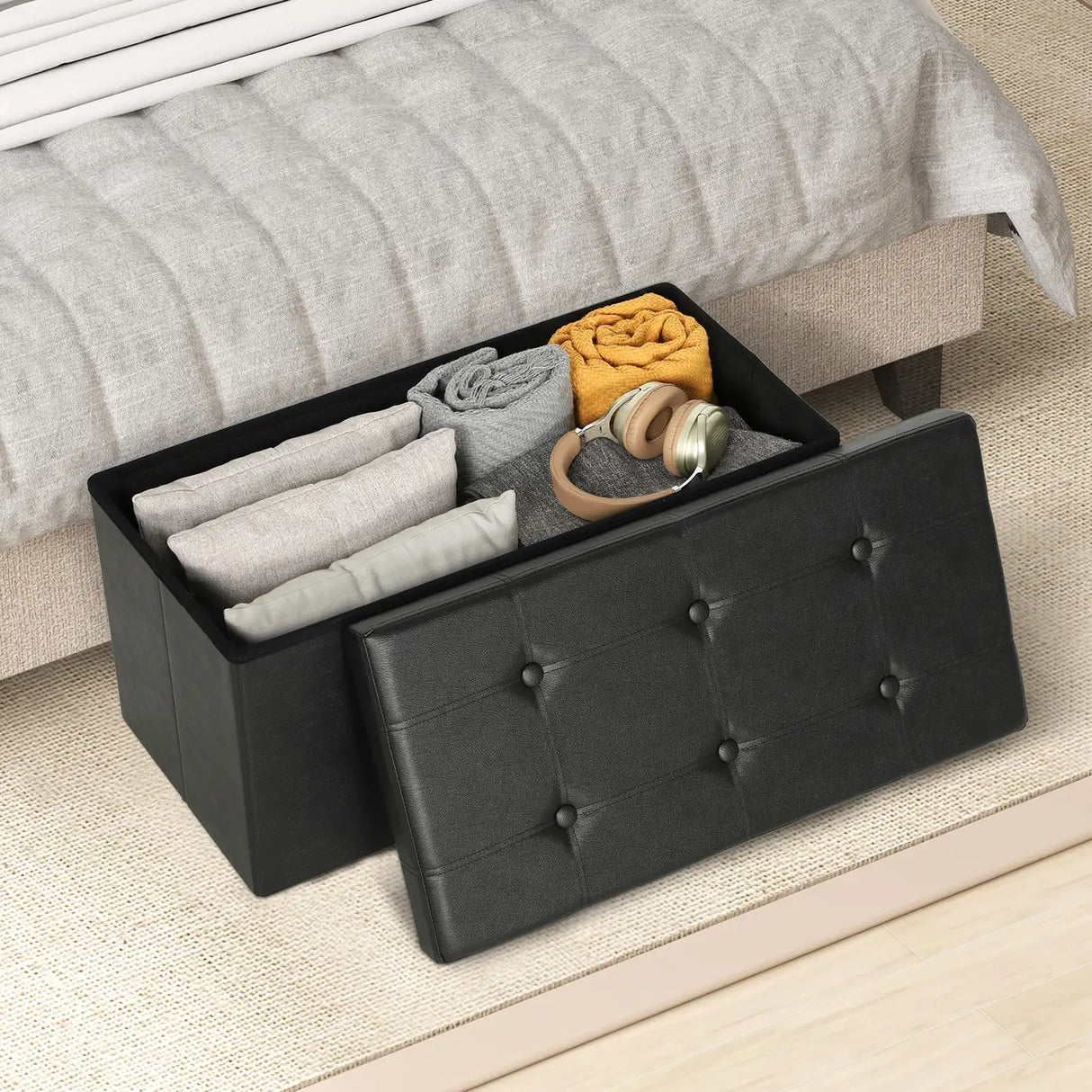 HOMCOM Storage Ottoman Bench, 89L PU Leather Folding Foot Rest Stool, End of Bed Bench, Easy Assembly, for Living Room, Bedroom, Entryway, Black