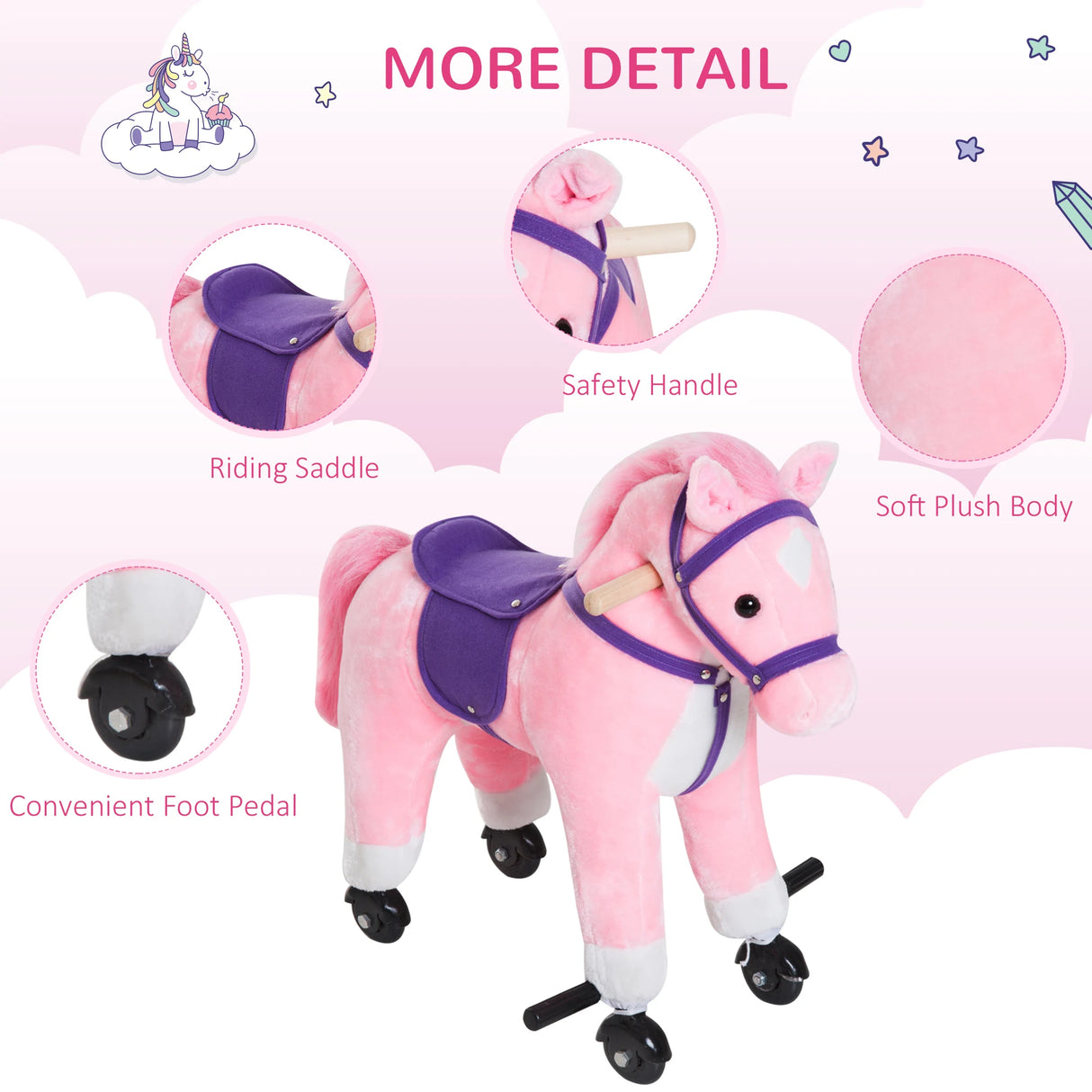 HOMCOM Rocking Horse Kids Ride on Walking Horse Animal Pony Wheeled Riding Plush Toy w/Sound for 2 Years and Up (Pink)
