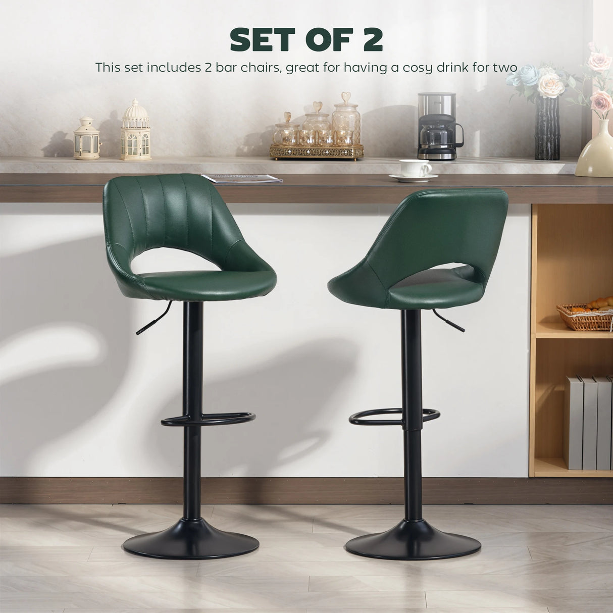 HOMCOM Set of Two Faux Leather Bar Stools - Dark Green
