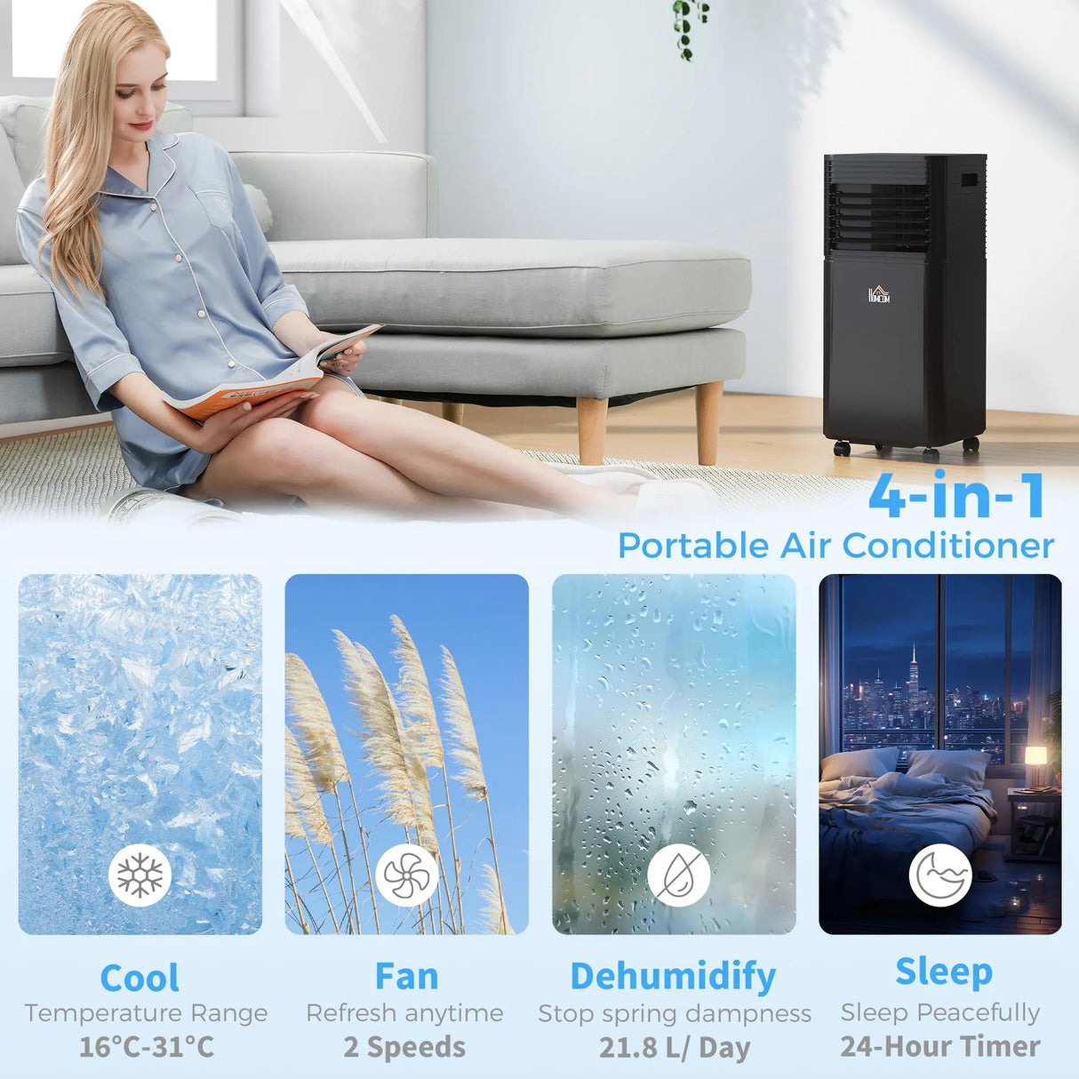 HOMCOM 8000 BTU 4-In-1 Portable Air Conditioner Unit Cooling Dehumidifying Ventilating for Room up to 27m2, with Fan, Remote, 24H Timer, Window Mount Kit, R290, A Energy Efficiency