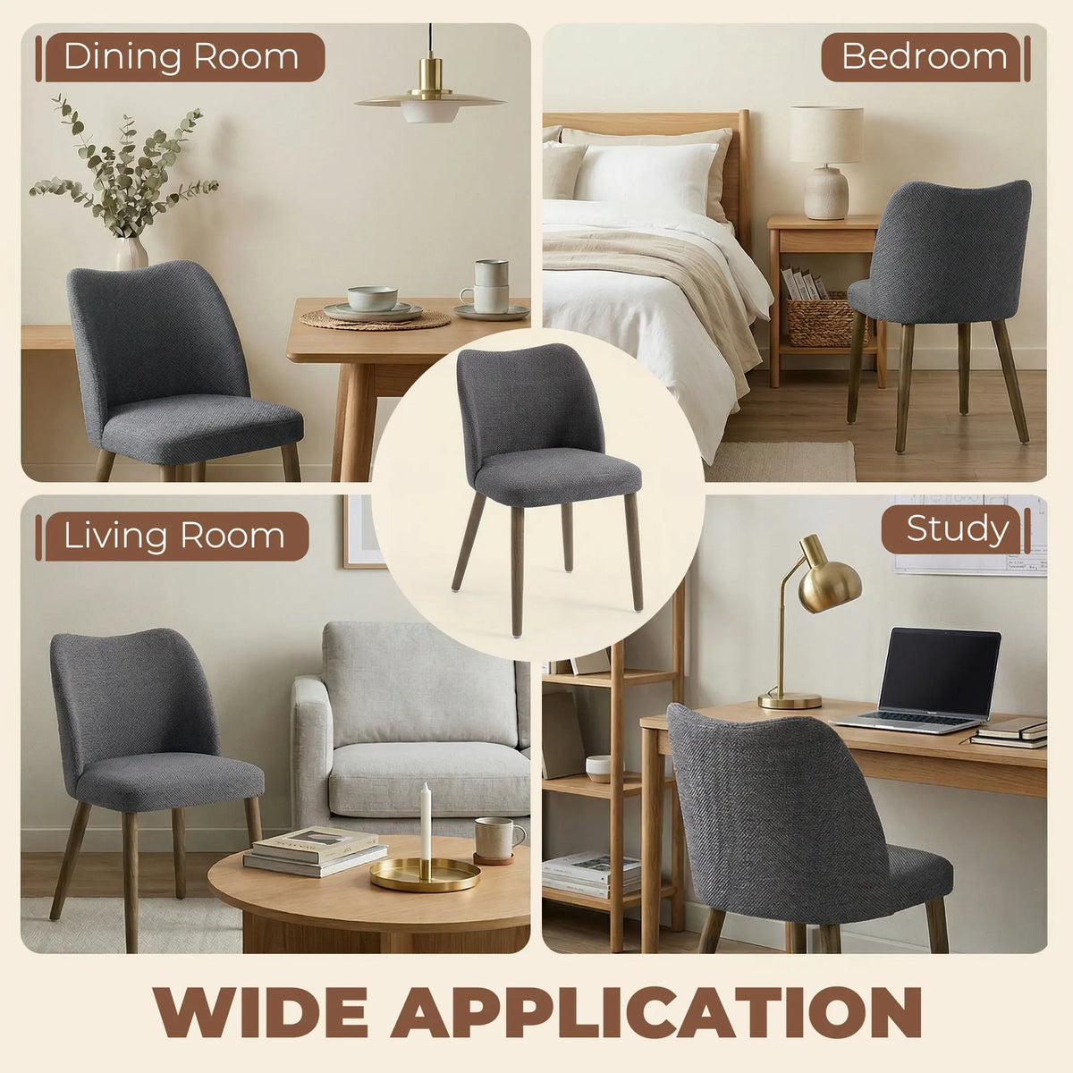 HOMCOM Dining Chairs Set of 2, Linen Upholstered Kitchen Chairs with Padded Seat, Curved Backrest, Rubberwood Legs, Dark Grey