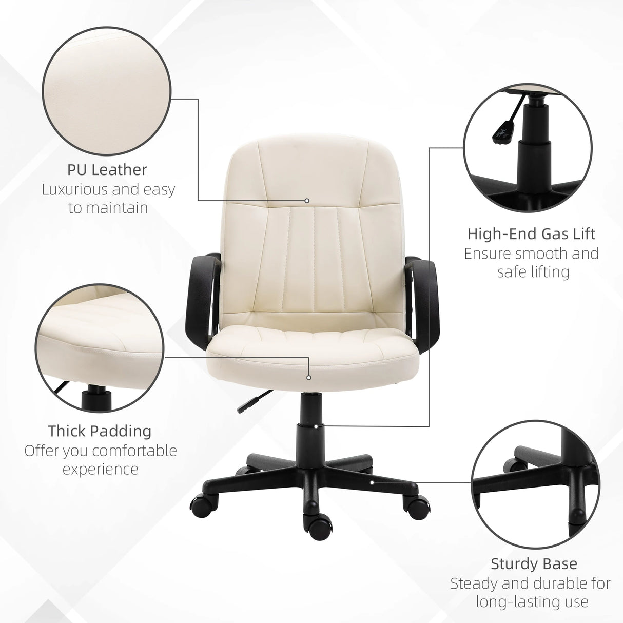HOMCOM Office Chair, PU Leather Computer Desk Chair with Adjustable Height, Swivel Wheels for Home Office Work Study, Cream White