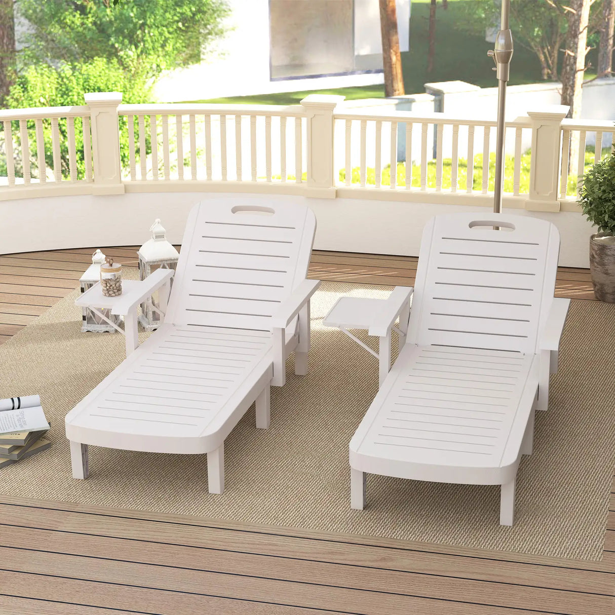 Outsunny Set of 2 Resin Reclining Sun Loungers for Garden, 5 Positions Adjustable Outdoor Chaise Lounge Chairs with Wood Texture Surface, Armrests, Foldable Side Table for Garden, Beach, White