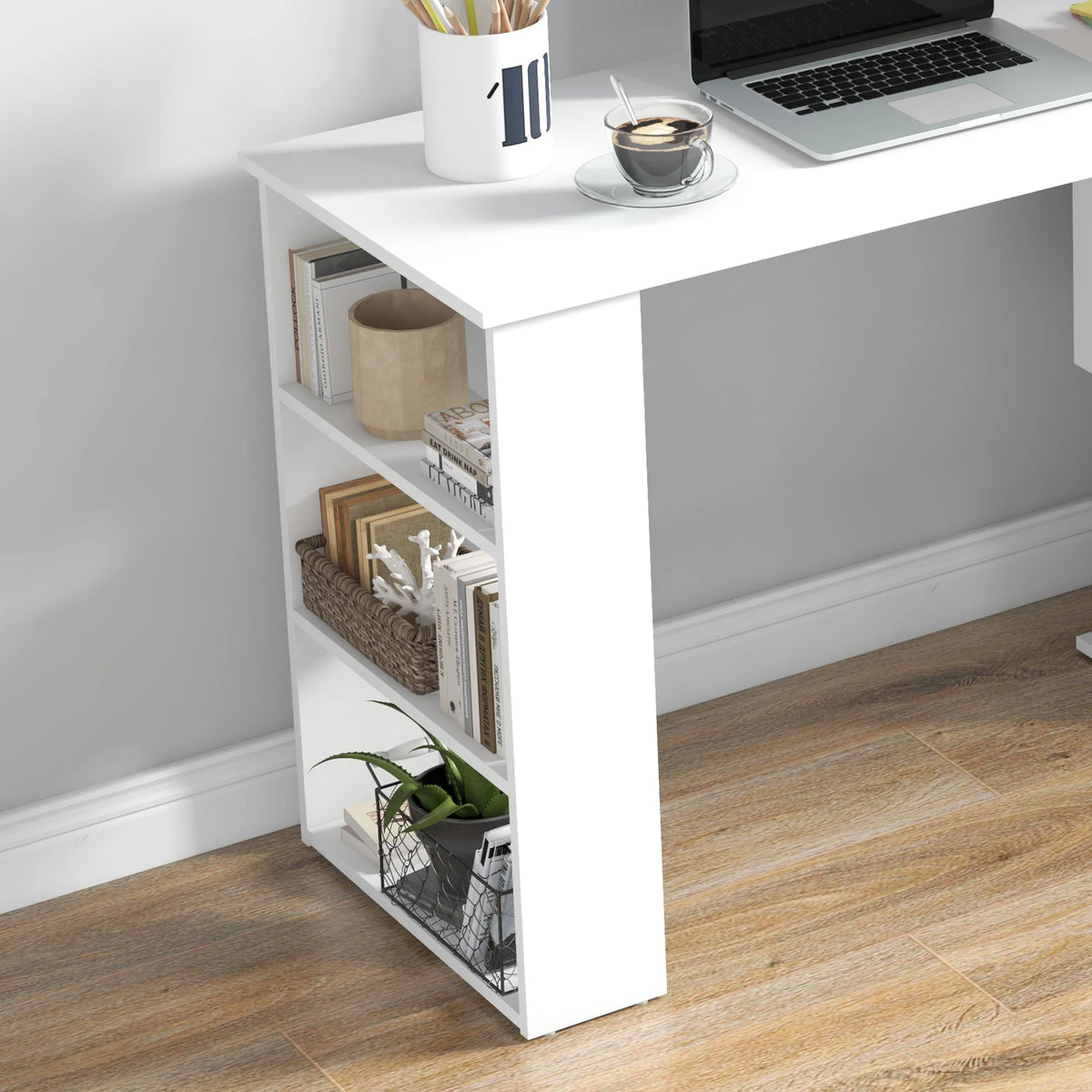 HOMCOM Corner Computer Desk, L Shaped Desk with 360 Rotating Bookshelf, 120L x 110W x 74.5H cm, White