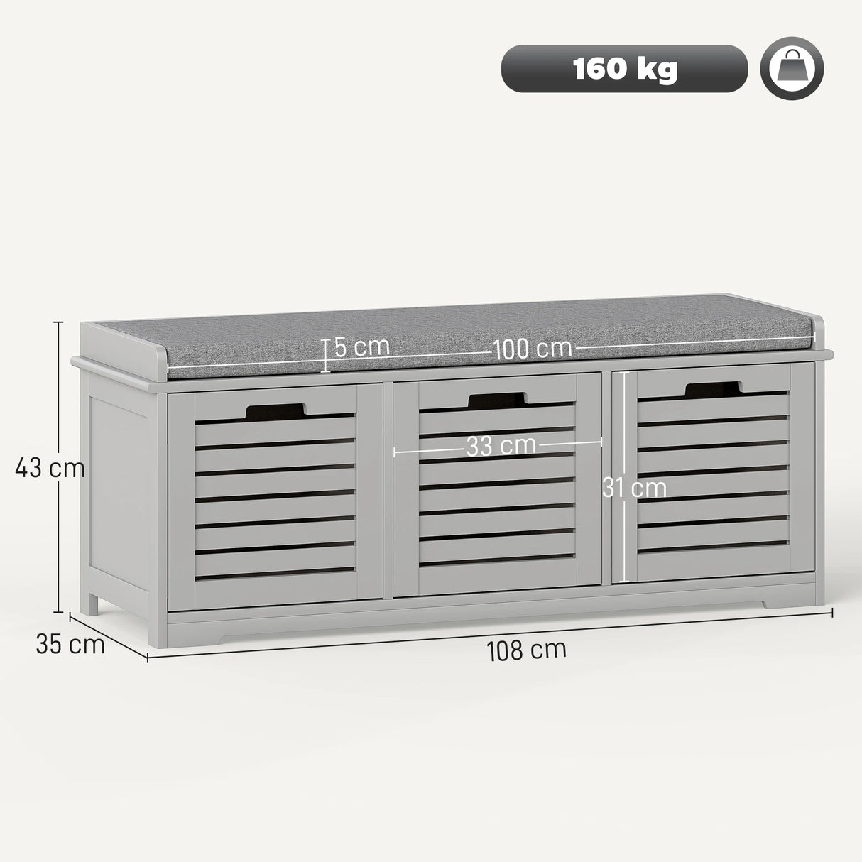 HOMCOM 3-Drawer Shoe Storage Bench - Grey