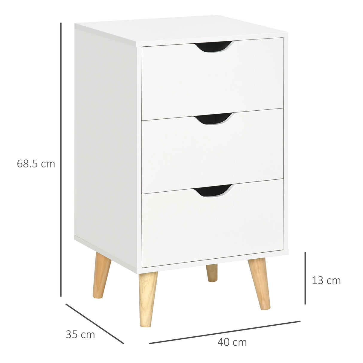 HOMCOM Bedside Table, Bedside Cabinet with 3 Drawers, Side End Table with Pine Wood Legs for Bedroom Living Room, White