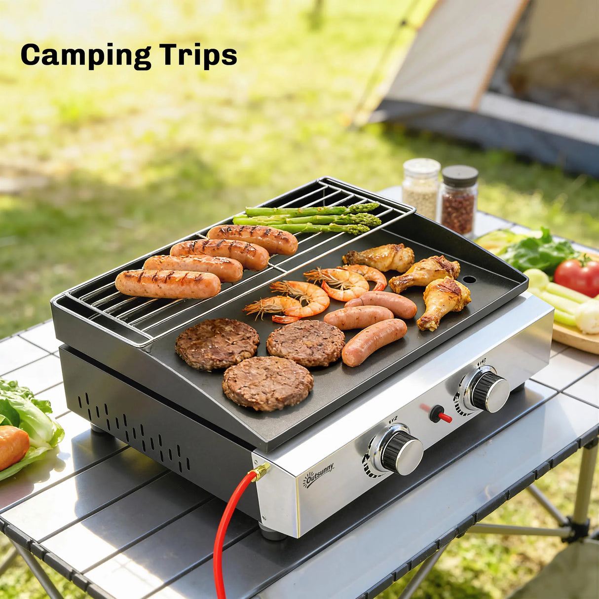 Outsunny 2 Burner Grill Griddle, Portable Gas Plancha with Warming Rack, 5 kW, Tabletop Gas BBQ with Grease Cup, Black