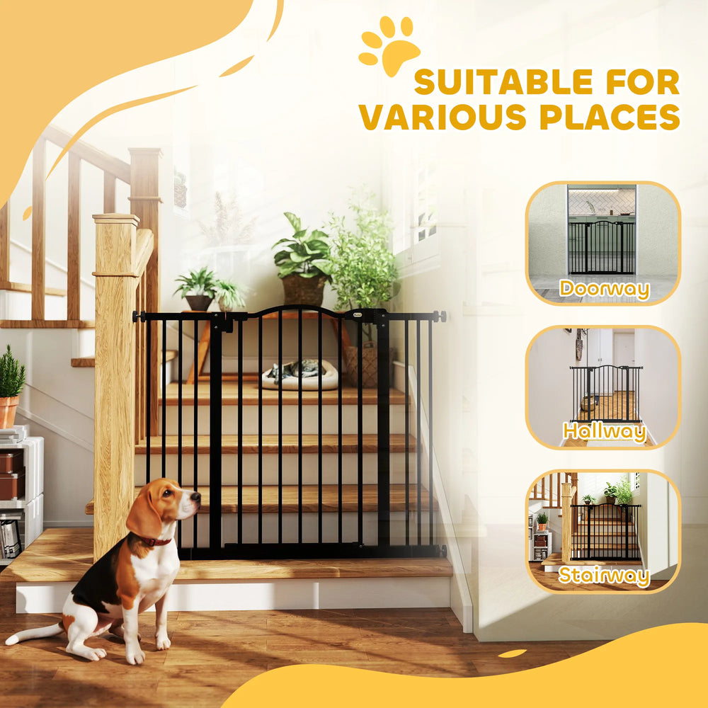 PawHut Metal 74-100cm Adjustable Pet Gate Safety Barrier w/ Auto-Close Door Black
