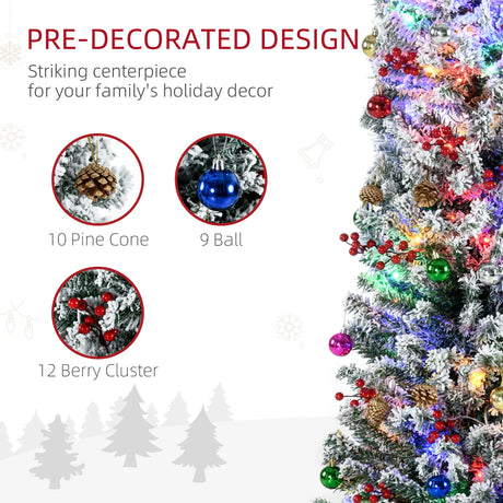 HOMCOM 6' Artificial Prelit Christmas Trees Holiday Dcor with Colourful LED Lights, Flocked Tips, Berry, Pine Cone