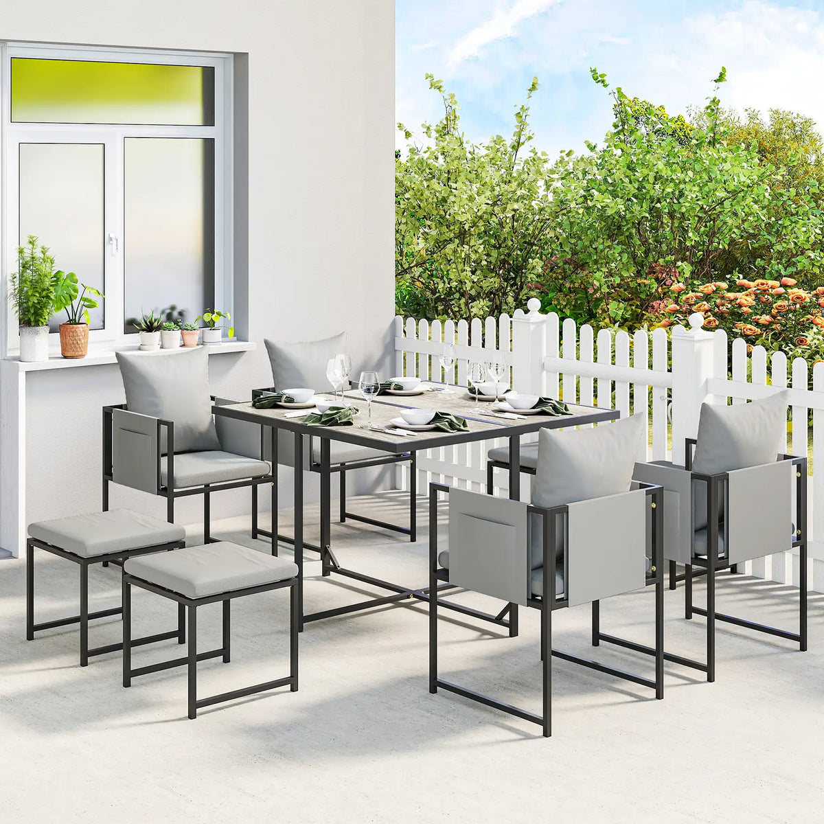 Outsunny Nine-Piece Steel Frame Garden Dining Set - Dark Grey