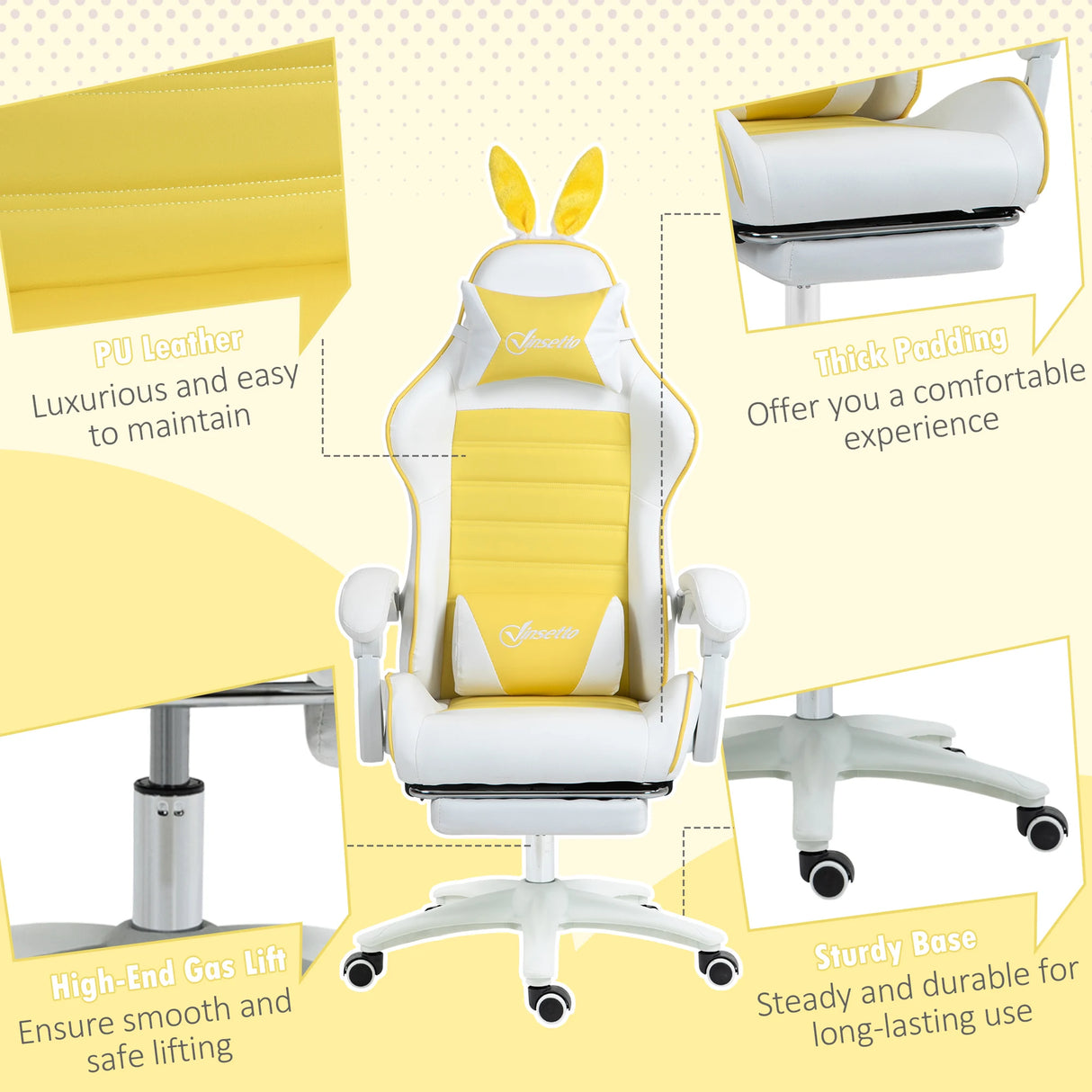 Vinsetto Reclining Racing Gaming Chair with Headrest and Lumber Support, PU Leather Computer Chair with Removable Rabbit Ears, Footrest, Yellow