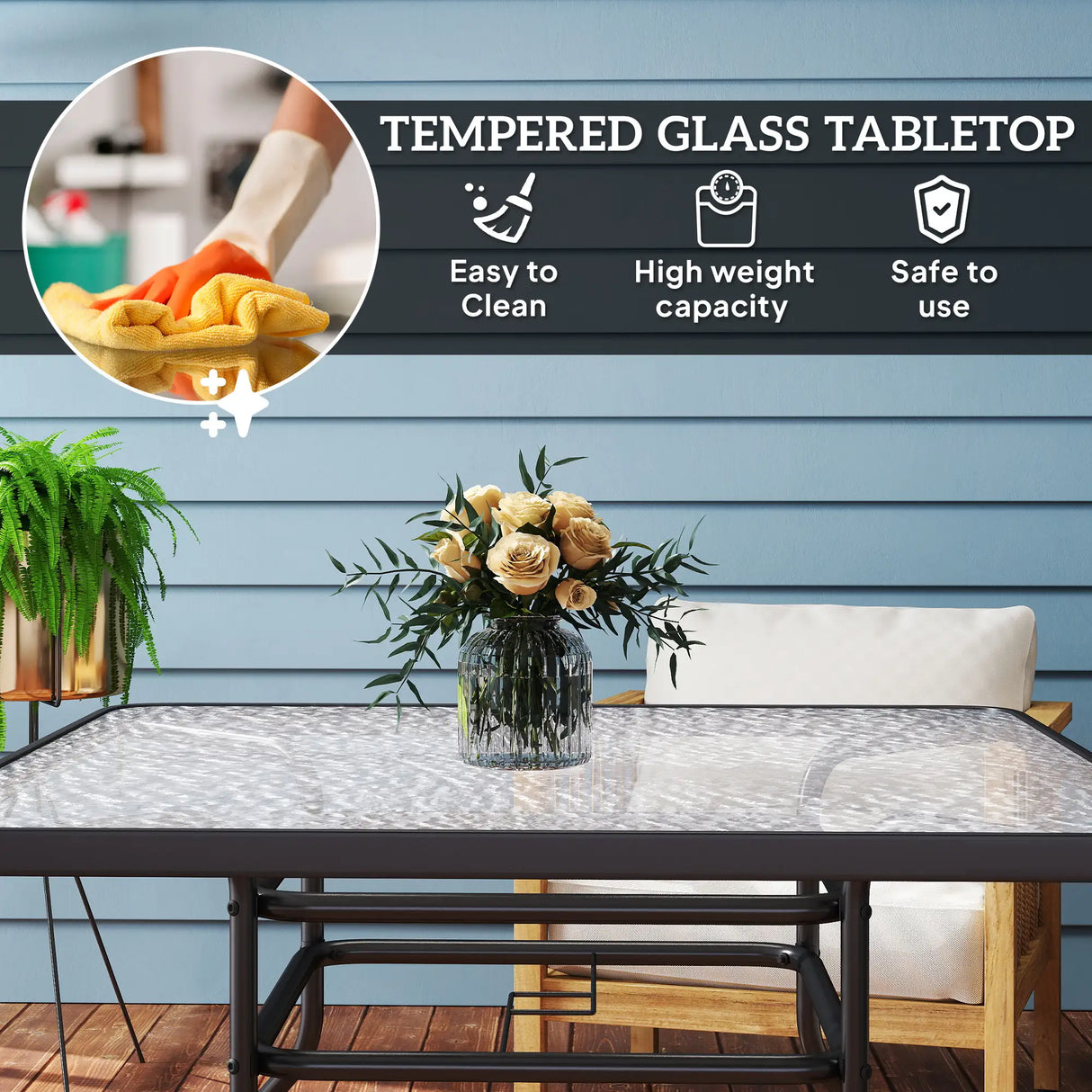 Outsunny Square Garden Dining Table with Tempered Glass Top & Umbrella Hole, 100 x 100 cm