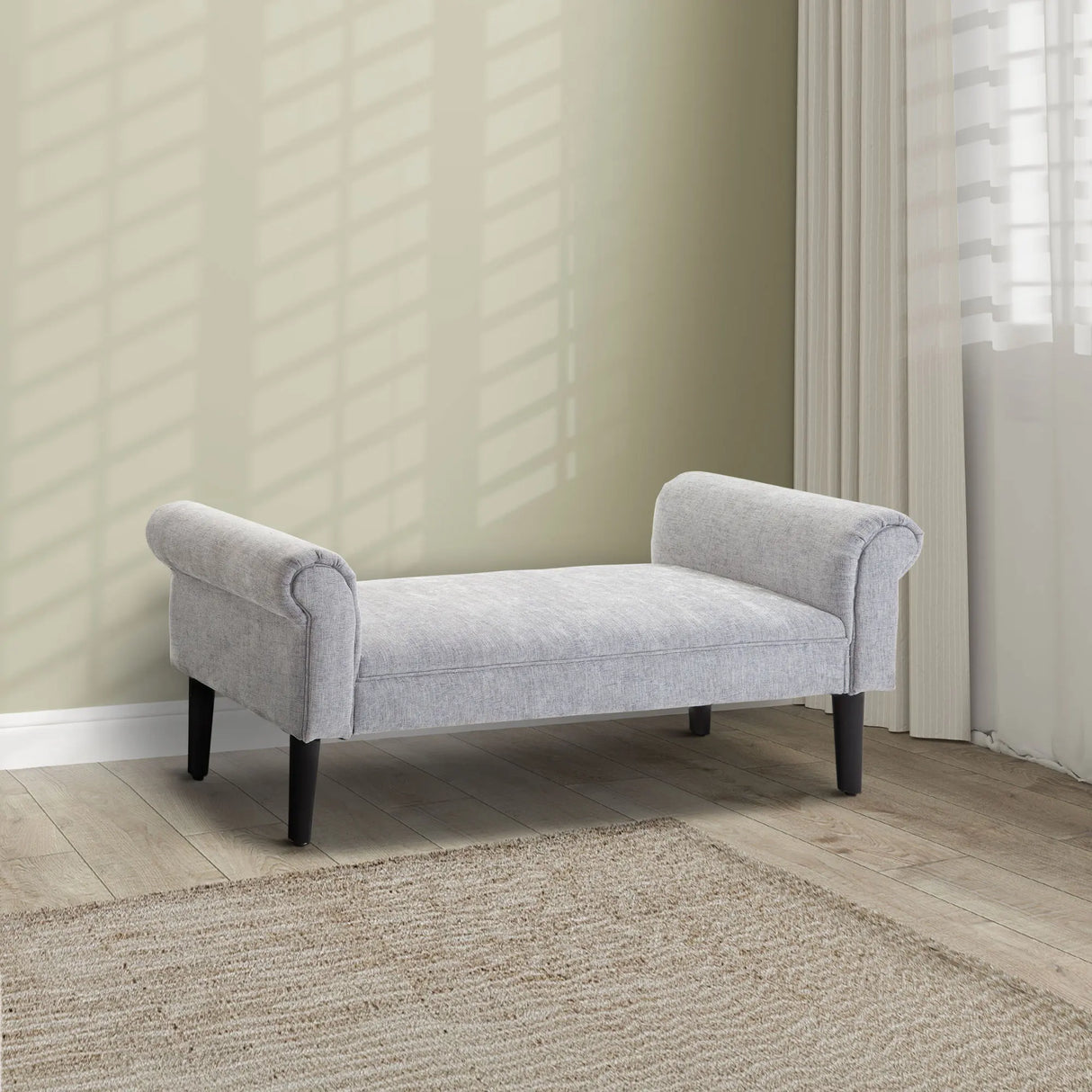 HOMCOM Bed End Bench, Window Seat, Linen Chaise Lounge Sofa with Arm and Wooden Legs for Bedroom, Living Room, Grey