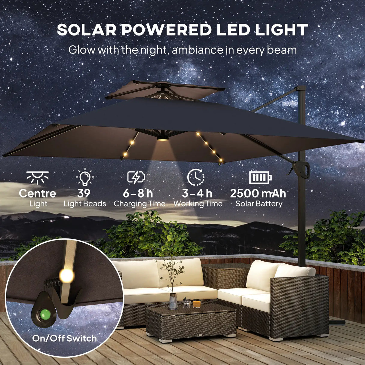 Outsunny 3.5x3 m Garden Cantilever Parasol with Solar LED Lights and Centre Light, Aluminium Large Square Patio Umbrella, UPF50+ Hanging Sun Shade with Cross Base, Crank Handle and Tilt, Grey
