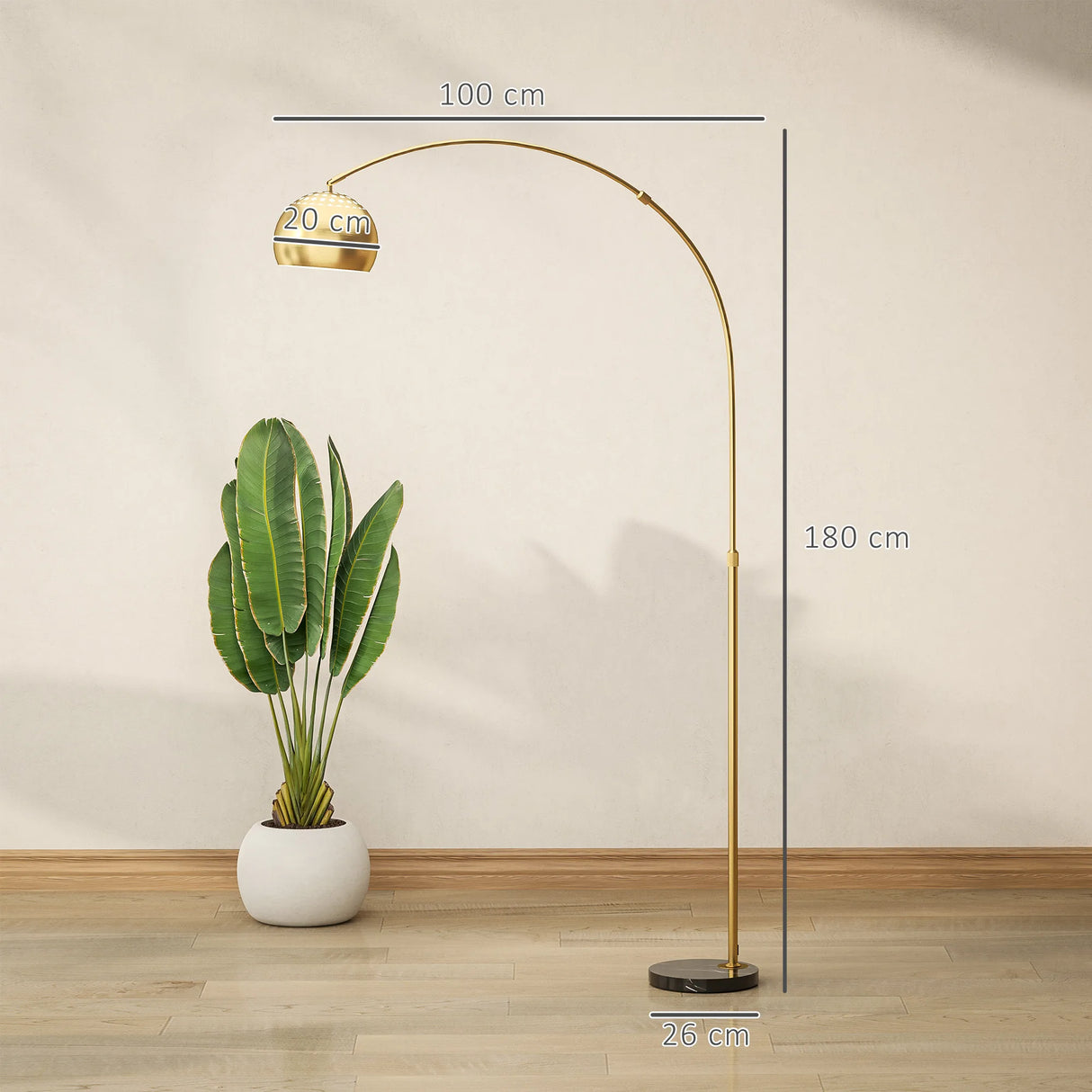 HOMCOM 180cm Arc Floor Lamp for Living Room, Modern Adjustable Standing Lamp with Foot Switch, Faux Black Marble Base and Bell Shade for Home Offices, Bedrooms, Gold Tone