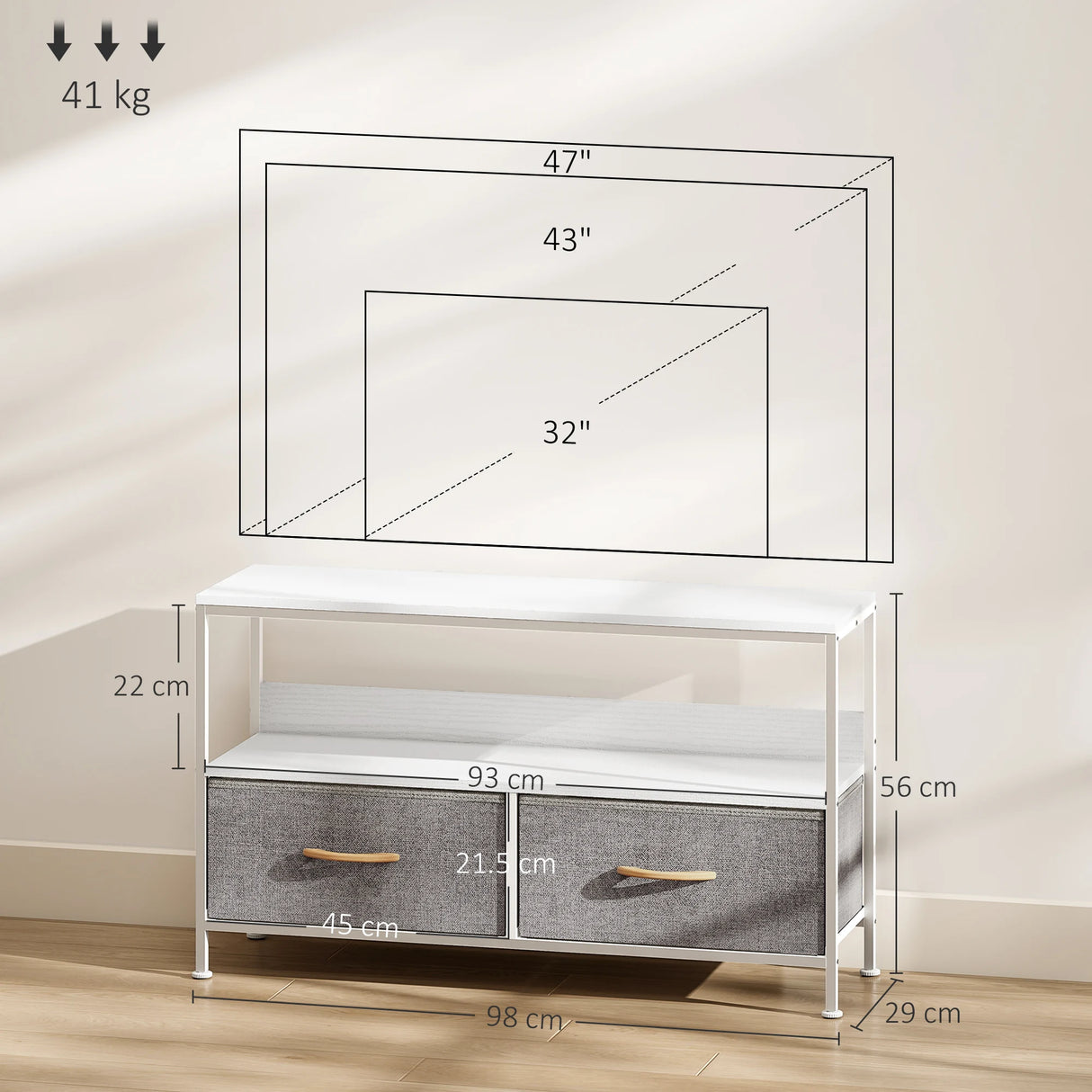 HOMCOM TV Stand Cabinet with 2 Foldable Drawers - White