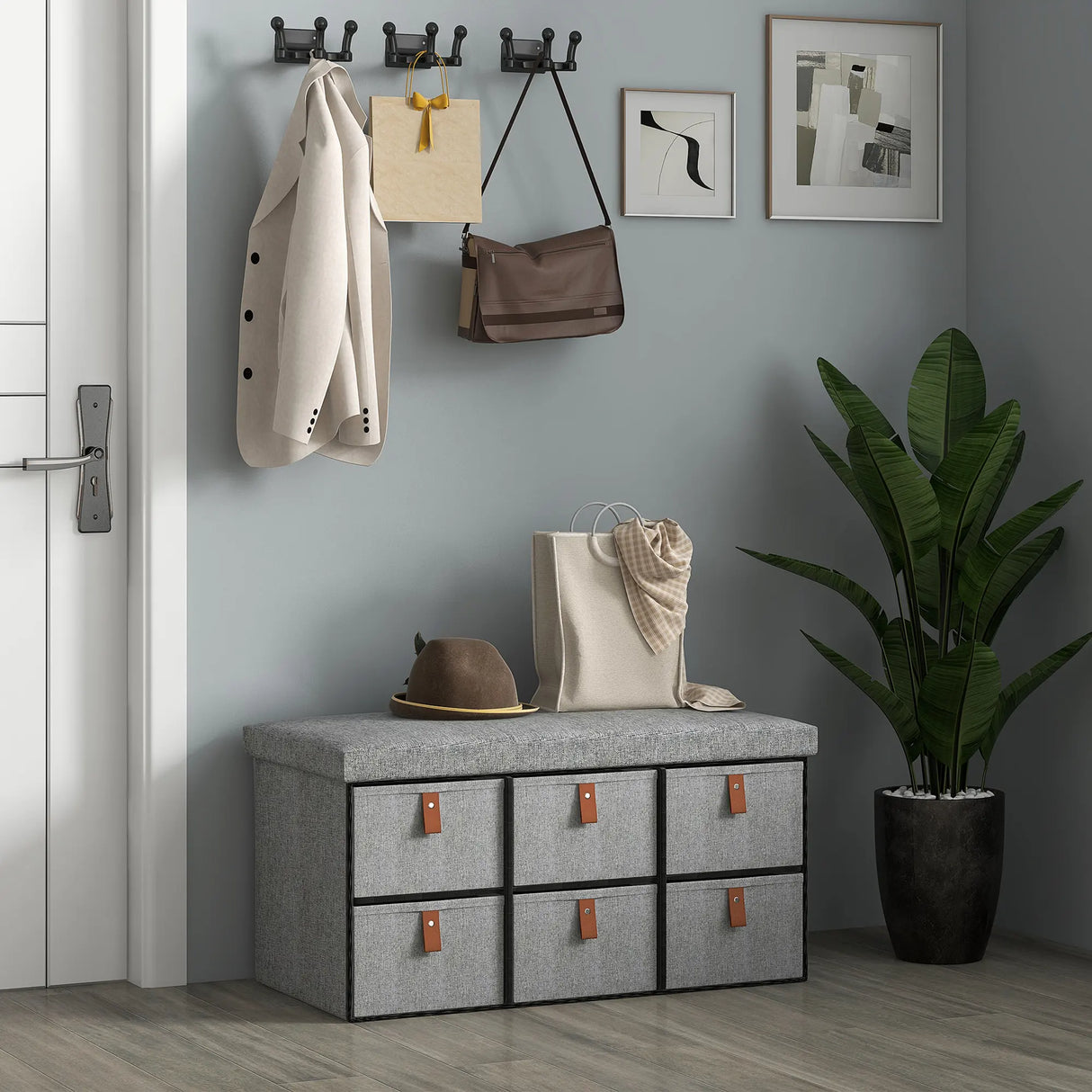 HOMCOM Shoe Bench with Seat, Shoe Storage Bench with Cushion and 6 Fabric Drawers for Entryway, Hallway, Living Room, Bedroom, Light Grey