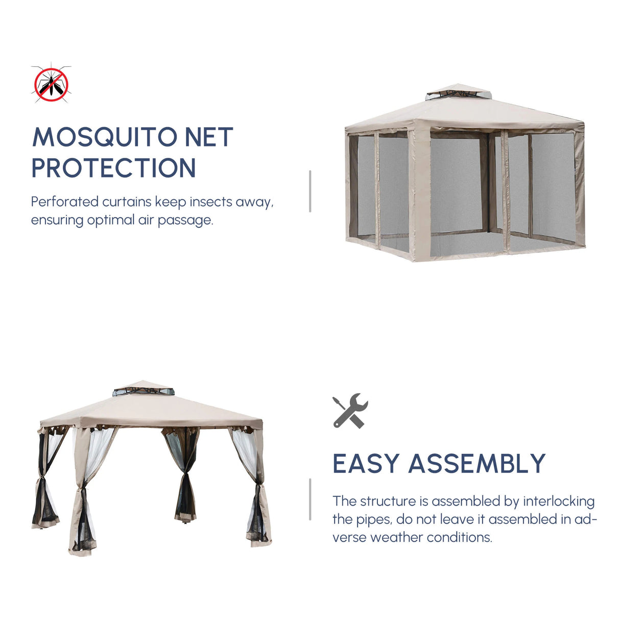 Outsunny Outdoor Gazebo, 2-tier Roof W/Netting, 295L x 295W x 263Hcm-Taupe