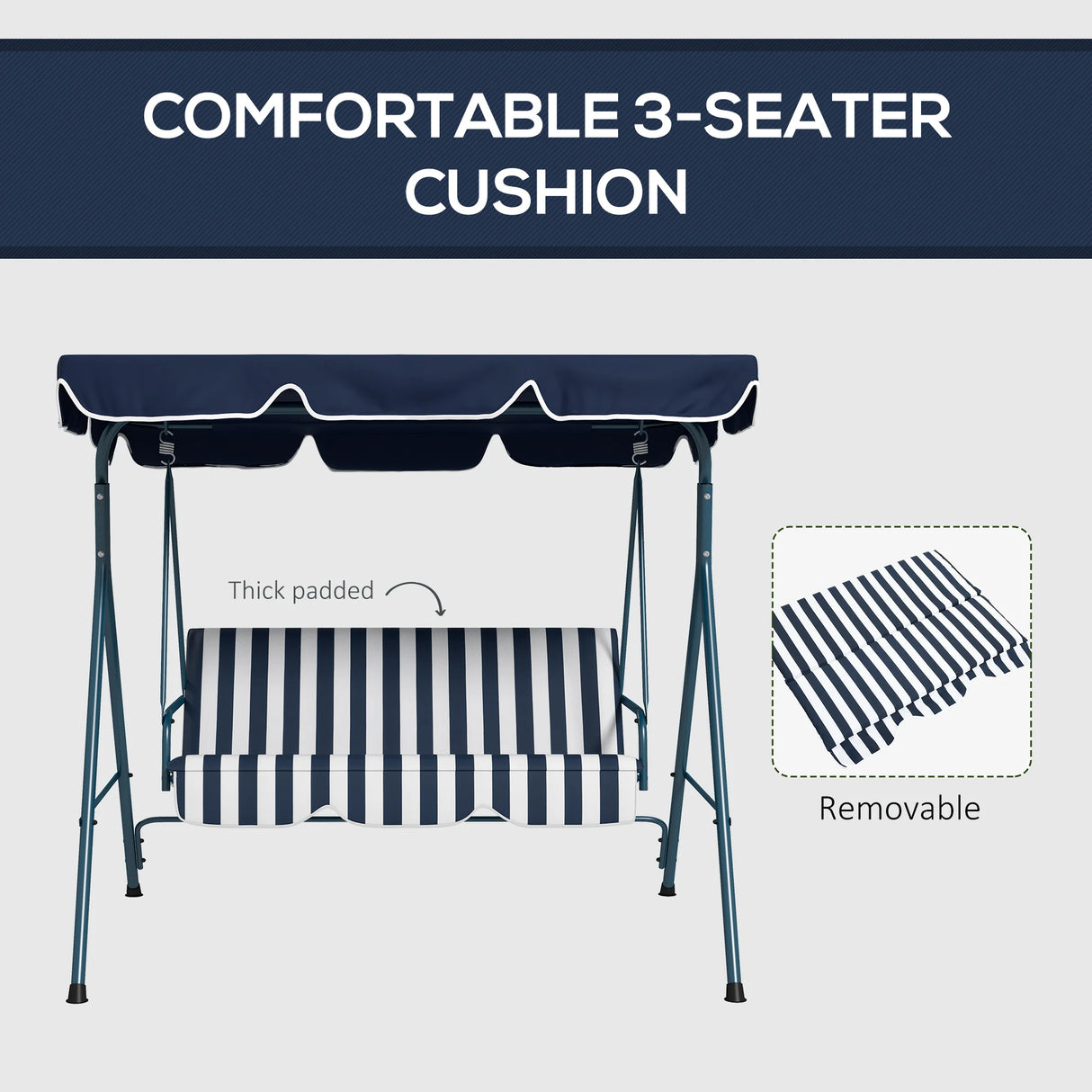 Outsunny 3 Seater Garden Swing Chair, Outdoor Swing Chair with Adjustable Canopy, Mental Frame & Cushions, Blue