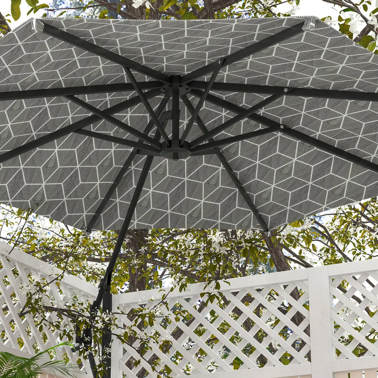 Outsunny 3(m) Convertible Cantilever Parasol and Centre-post Garden Parasol with Cross Base, 360 Rotation Banana Parasol with Crank Handle and 8 Ribs, Hanging Patio Umbrella, Black and White
