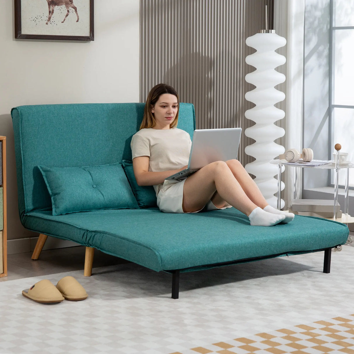 HOMCOM Two-Seater Linen-Look Sofa Bed - Green
