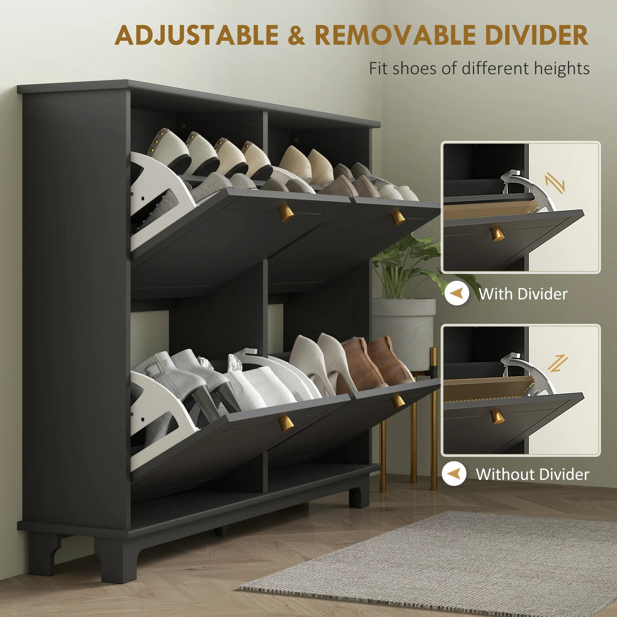 HOMCOM Narrow Shoe Storage Cabinet, Slim Shoe Cabinet with 4 Flip Drawers, Adjustable Shelves for 16 Pairs of Shoes, Black