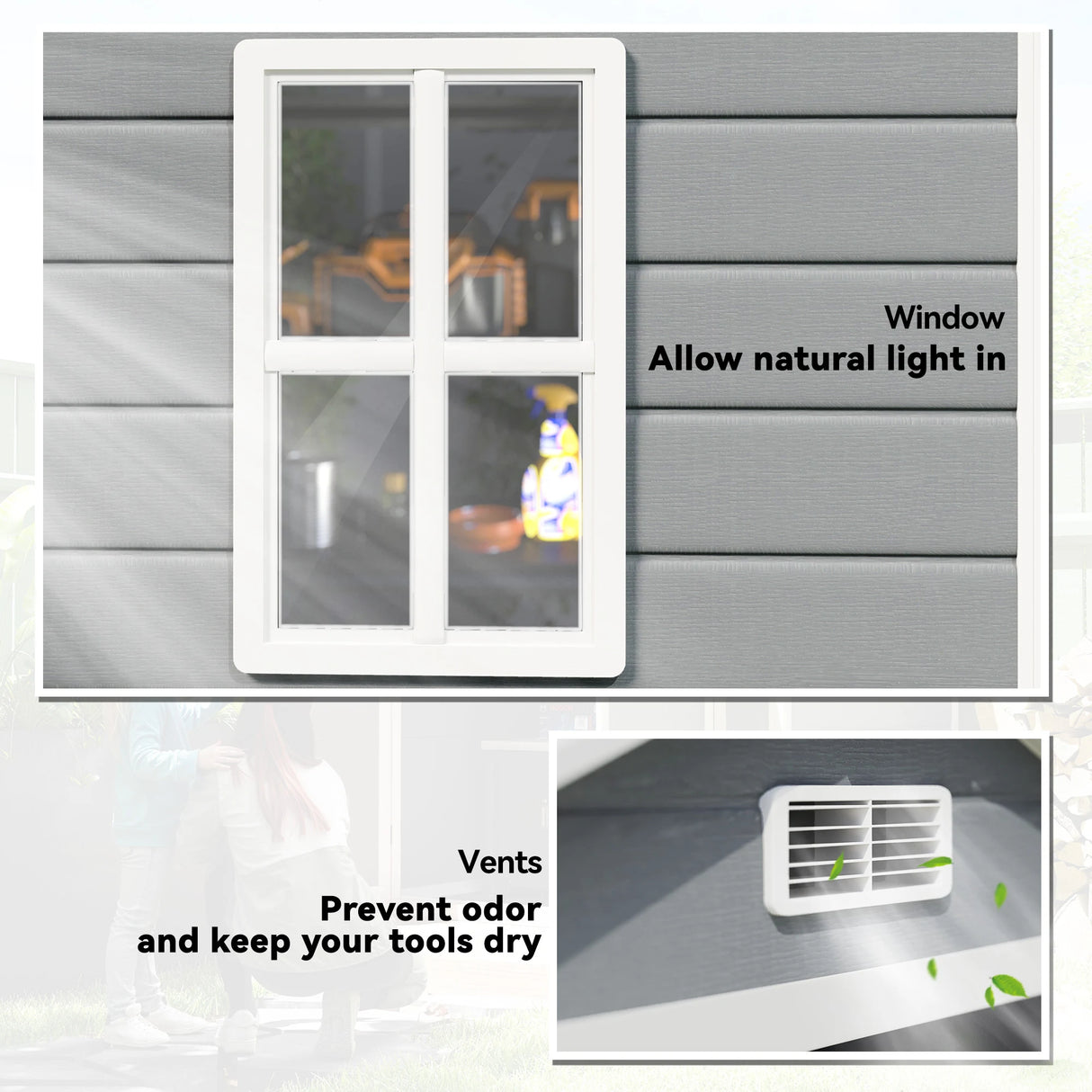 Outsunny 6'x4.5' Garden Storage Shed, Lockable Garden Shed with Double Doors, Window, Vent and Plastic Roof, Grey
