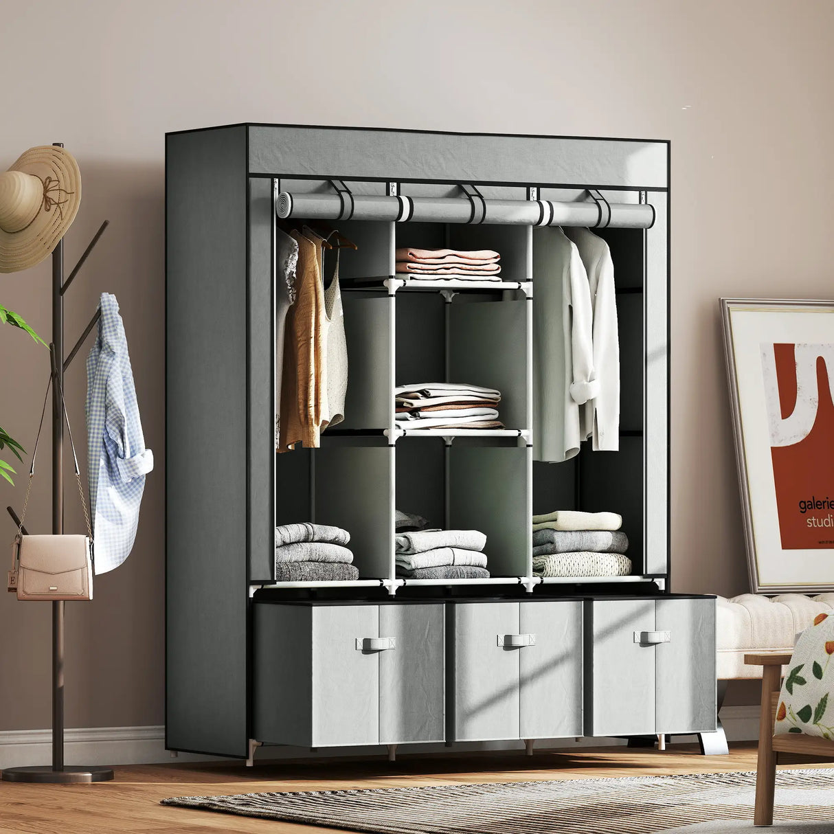 HOMCOM Fabric Wardrobe for Bedroom, Portable Wardrobe with 5 Shelves, 2 Hanging Rails and 3 Fabric Drawers, Foldable Closet, 125 x 43 x 162.5cm, Light Grey