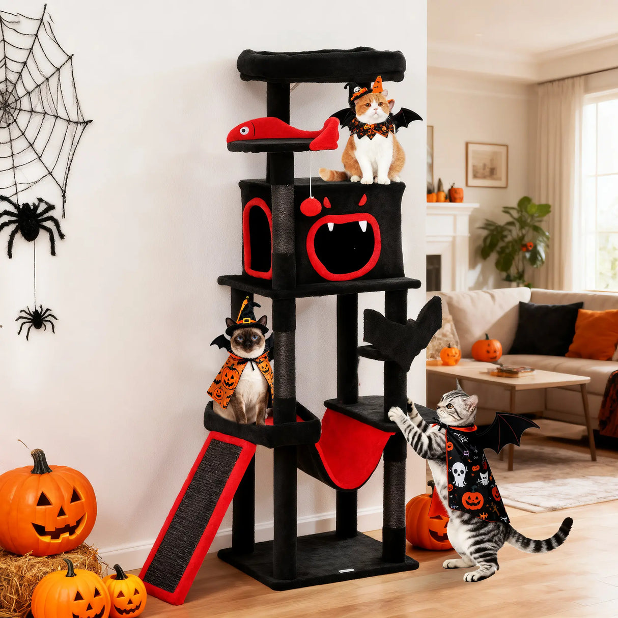 PawHut Gothic Cat Tree, 152 cm Multi-Level Cat Tower for Large Cats with Coffin Bed, Large Condo, for Halloween