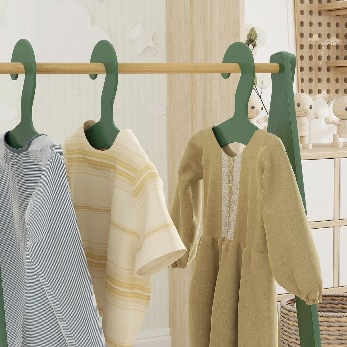 AIYAPLAY Kids Clothes Rail with 3Hangers, Bottom Storage Shelf for Girls, Boys, Nursery, Bedroom, Green