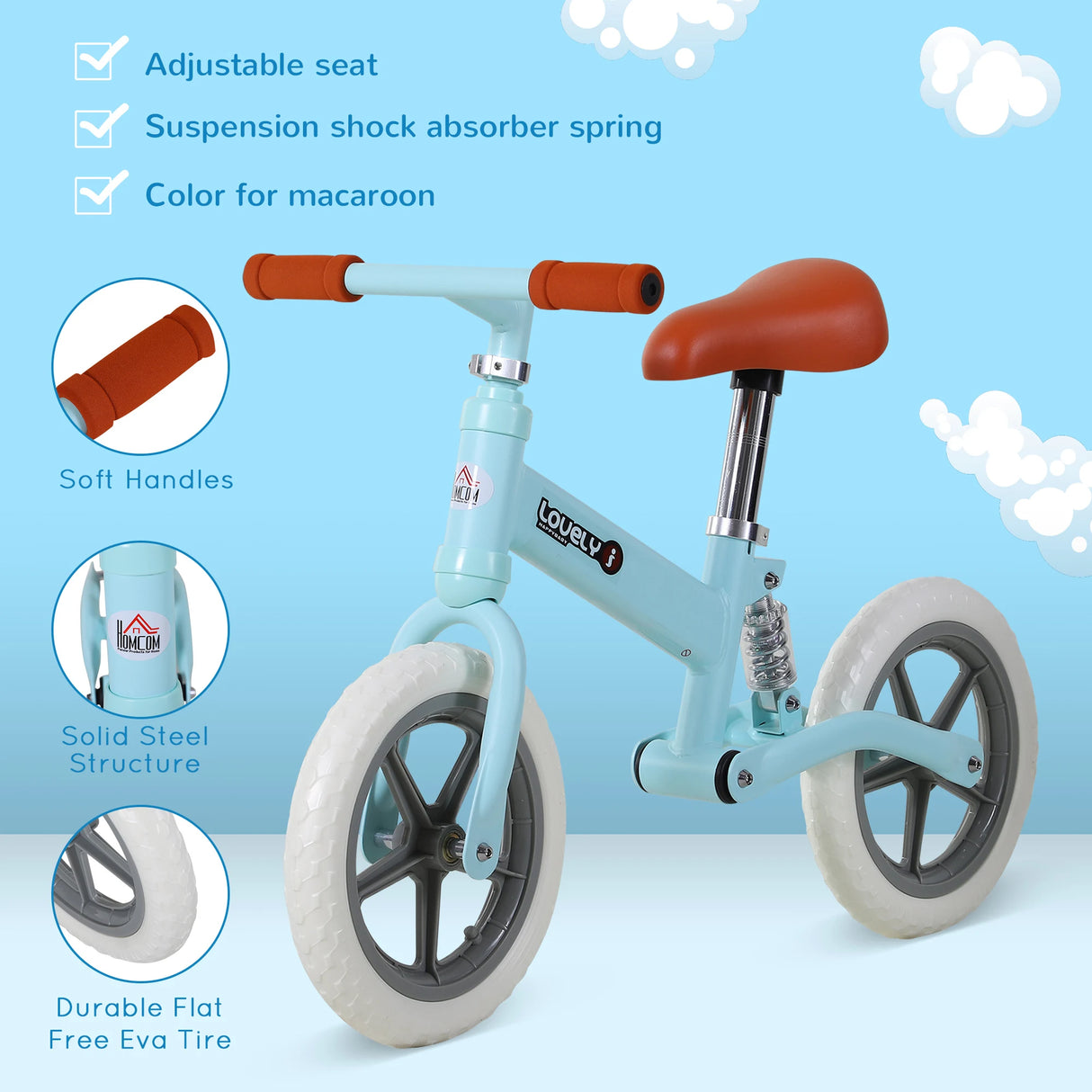 HOMCOM 12" Kids Balance Bike No Pedal Bicycle EVA Tire Adjustable Seat Toddler Training Bike W/ Shock Absorber 2 - 5 Years Gift for Boys Girls Blue