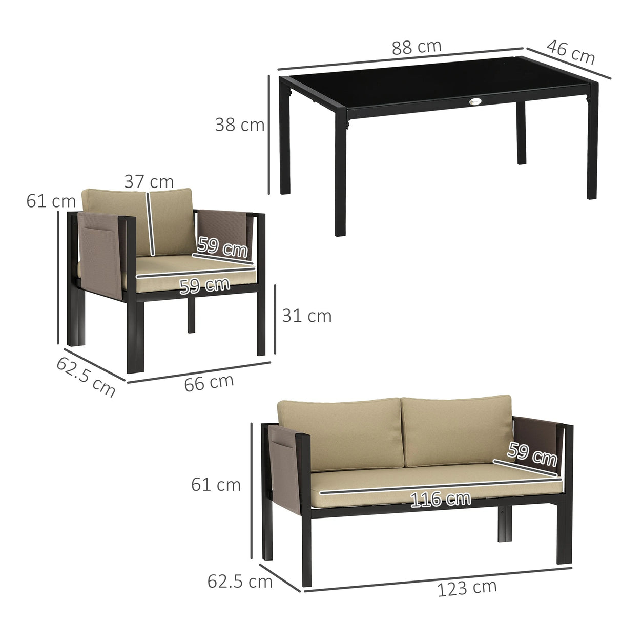 Outsunny 4 Piece Metal Garden Furniture Set with Tempered Glass Coffee Table, Texteline Pocket, Outdoor Set Loveseat Single Armchairs with Padded Cushions, Khaki