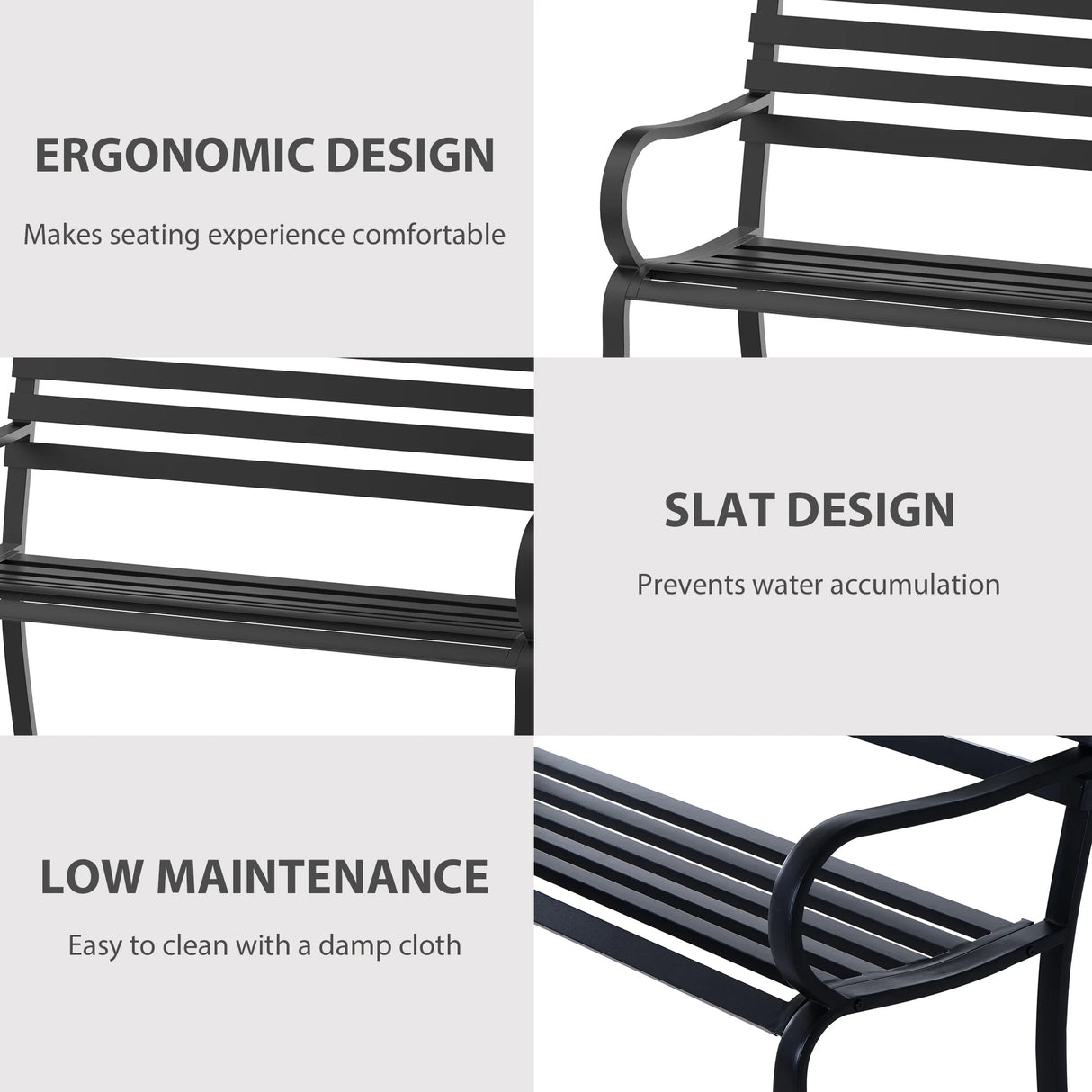 Outsunny Stylish 2 Seater Metal Garden Porch Chair Bench Stable Patio Outdoor Park Metal Bench - Black