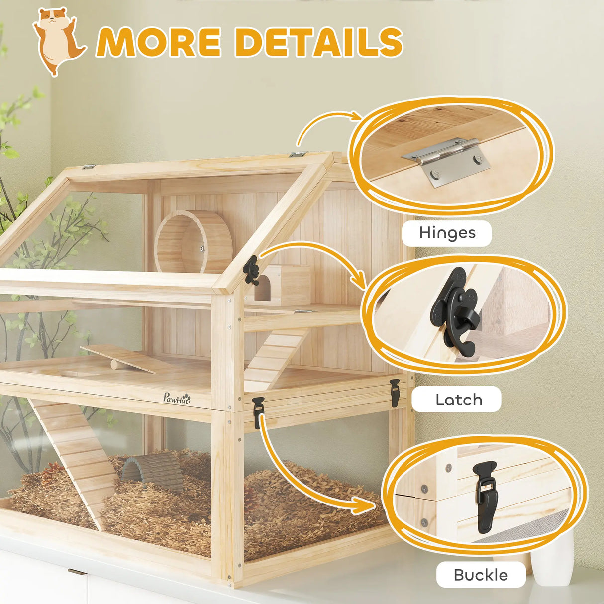 PawHut Wooden Hamster Cage with Detachable 31cm Deep Bottom, Hut, Seesaw, Exercise Wheel, Ramp, 80 x 50 x 76cm, Natural