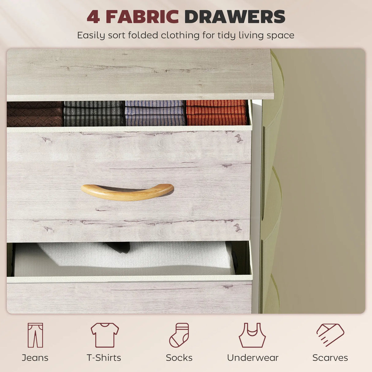 HOMCOM Chest of Four Fabric Drawers - Natural Wood Finish