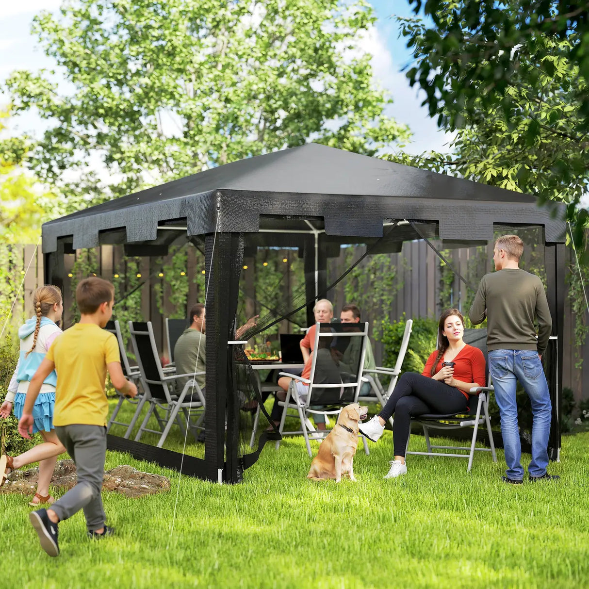 Outsunny 4 x 3 m Party Tent Wedding Gazebo Outdoor Waterproof PE Canopy Shade with Panel