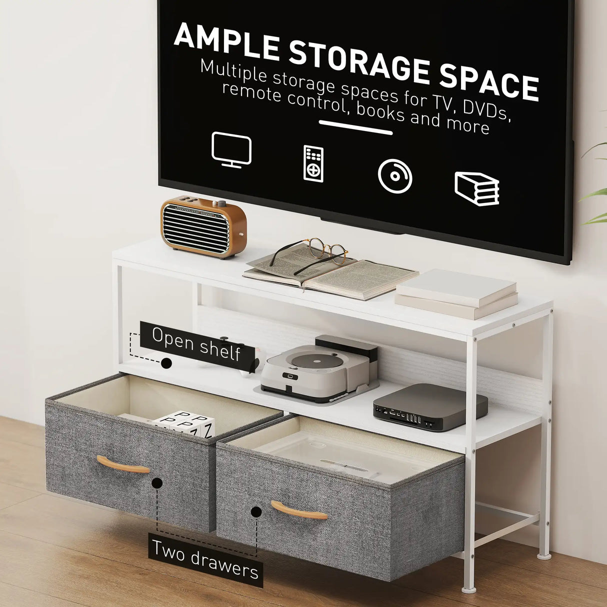 HOMCOM TV Stand Cabinet with 2 Foldable Drawers - White