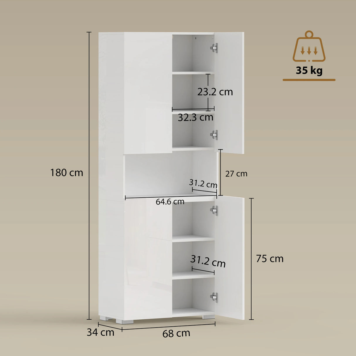 HOMCOM 180 cm Tall Kitchen Cupboard, Pantry Storage Cabinet with Soft Close Doors and Adjustable Shelves, High Gloss White