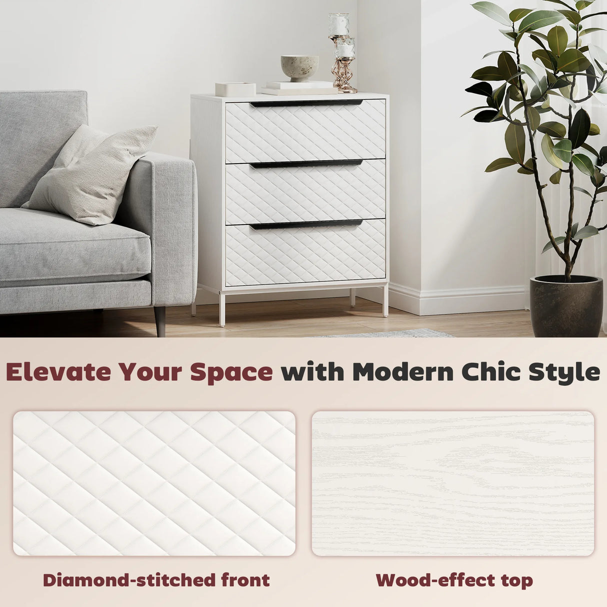 HOMCOM Chest of Drawers, Dresser with 3 Fabric Drawers and Aluminium Handles - White