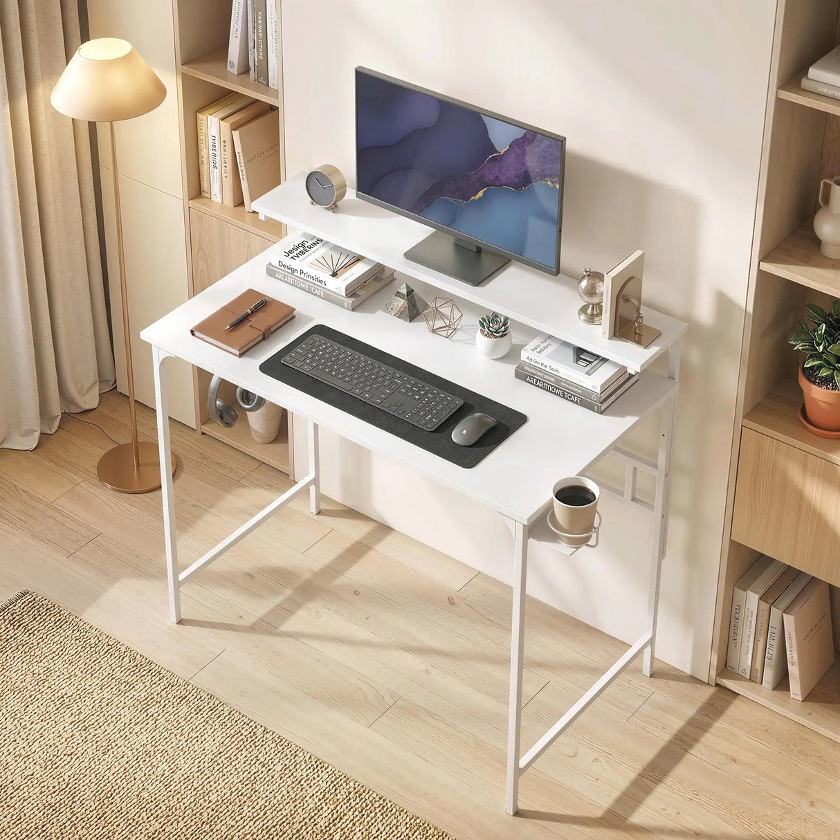 HOMCOM Computer Desk, 80cm Home Office Study Table with Hutch Shelf, Cup Holder, Headphone Hook, White