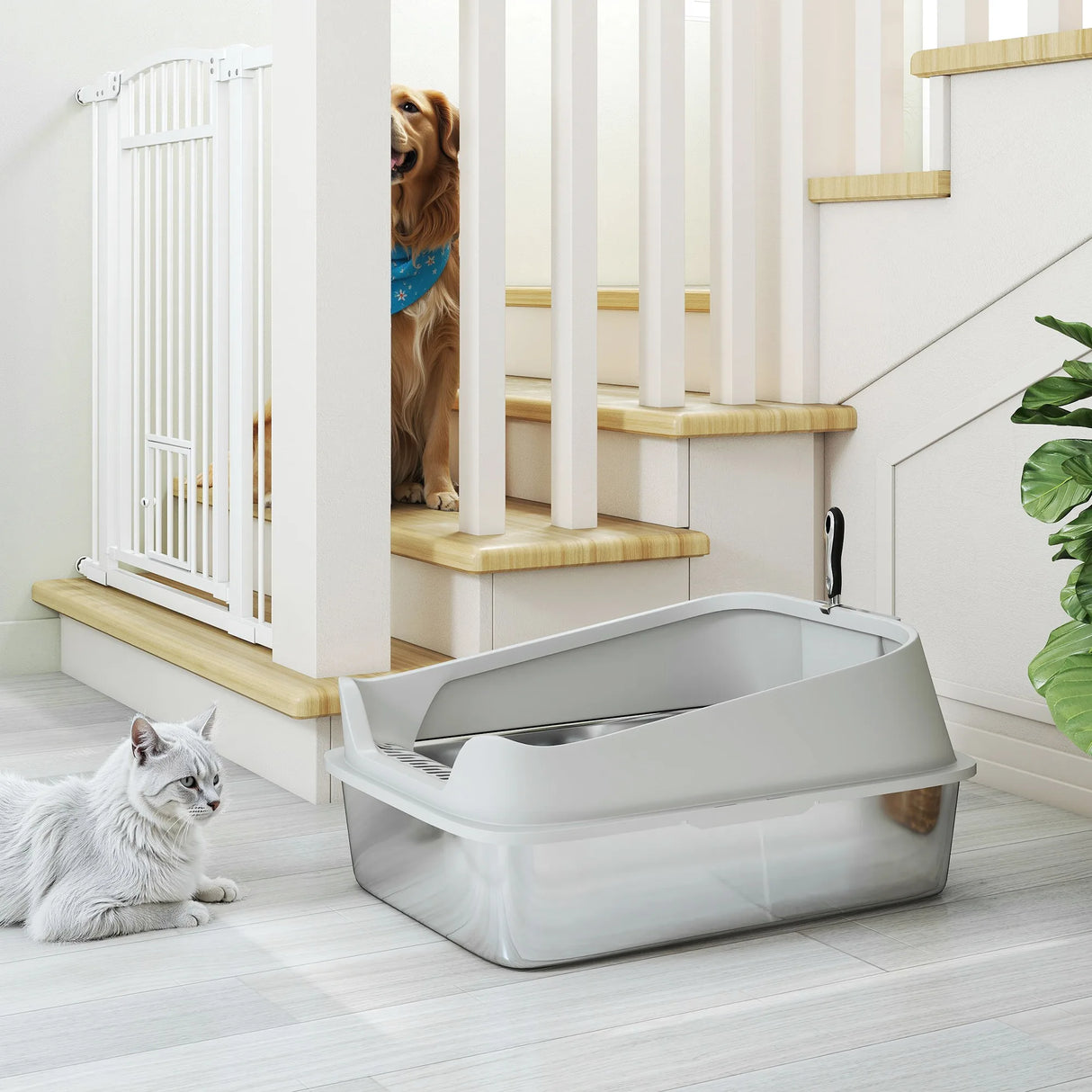PawHut XXL Stainless Steel Cat Litter Box with High Sides, Metal Scoop, 70 x 50 x 30 cm