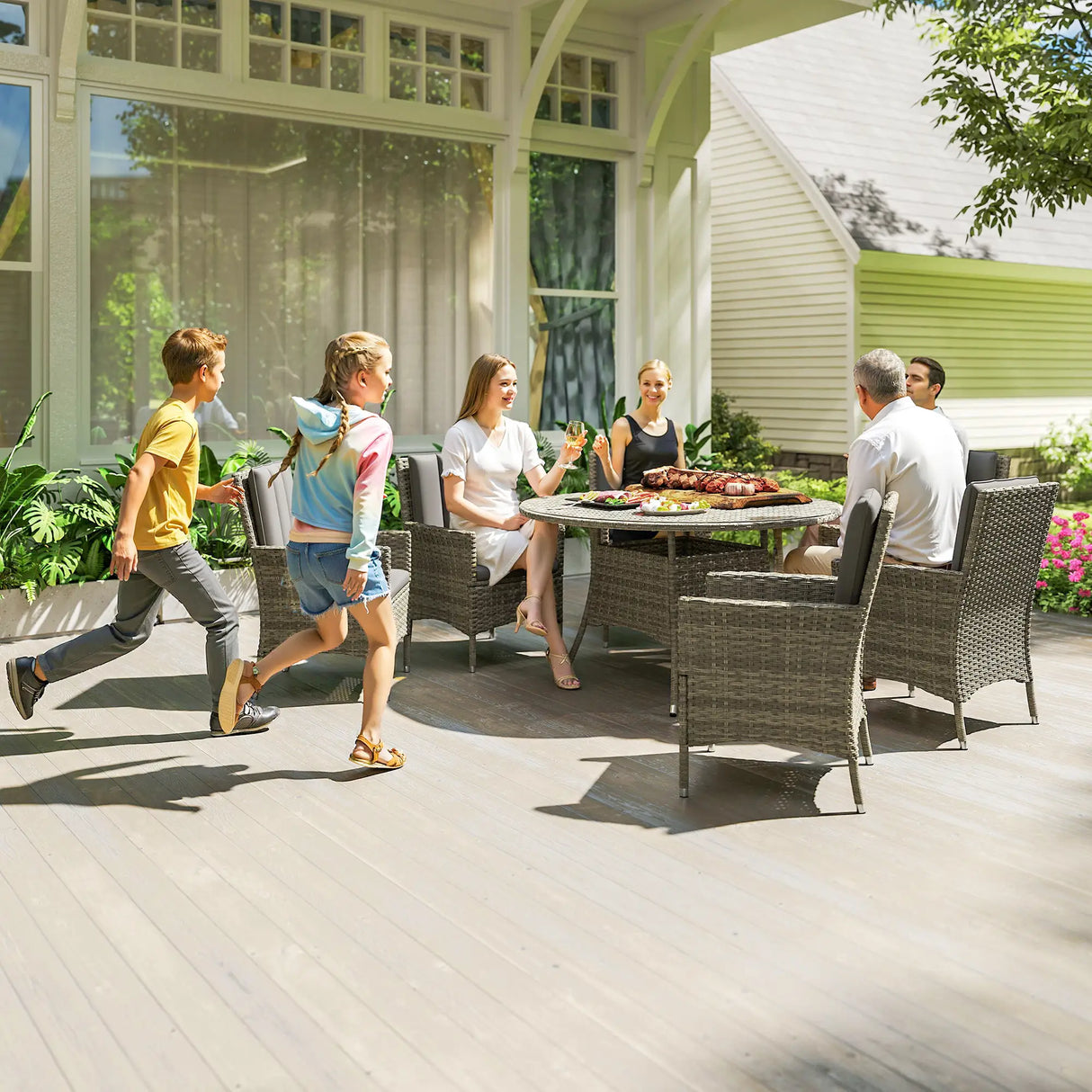 Outsunny Seven-Piece Rattan Dining Table, with Round Glass-Top Table - Light Grey