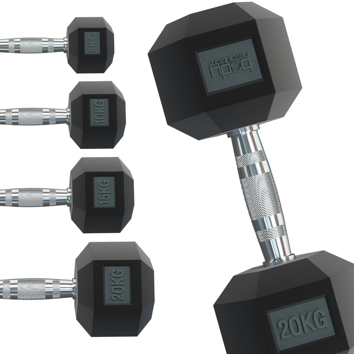 Body Revolution Hex Dumbbell - Anti-Roll Rubber Coated, Knurled Handle, Available in Various Sizes for Strength Training and Muscle Building 35kg pair (70kg Total)