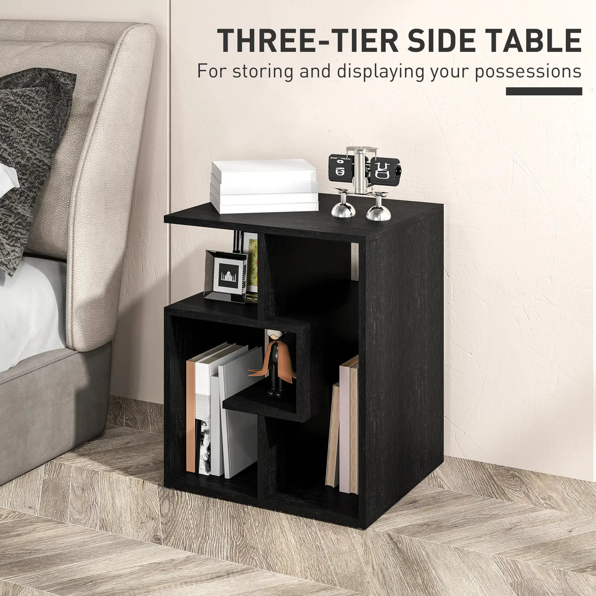 HOMCOM Side Table, 3 Tier End Table with Open Storage Shelves for Living Room, Bedroom, Black
