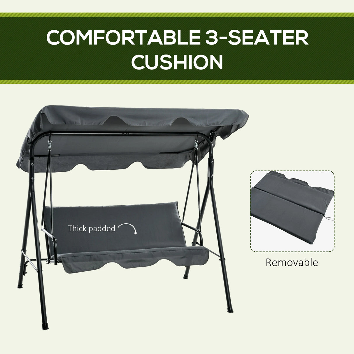 Outsunny 3 Seater Garden Swing Chair, Outdoor Swing Chair with Adjustable Canopy, Mental Frame & Cushions, Grey