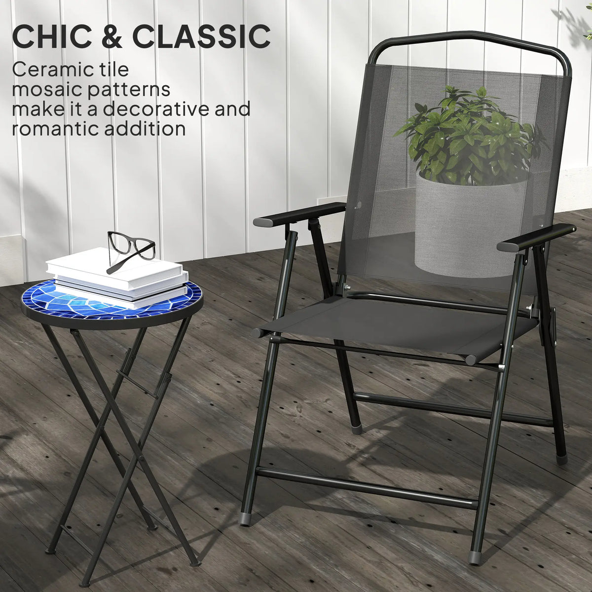 Outsunny Mosaic Outdoor Garden Table, 35.5cm Round Folding Coffee Table with Metal Frame for Balcony Terrace, Navy Blue