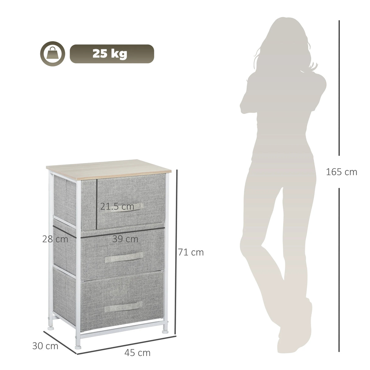 HOMCOM Vertical 3-Tier Linen Drawer Cabinet Organizer Storage Dresser Tower with Metal Frame Adjustable Feet for Living Room, Bathroom, Kitchen, White, Oak and Light Grey